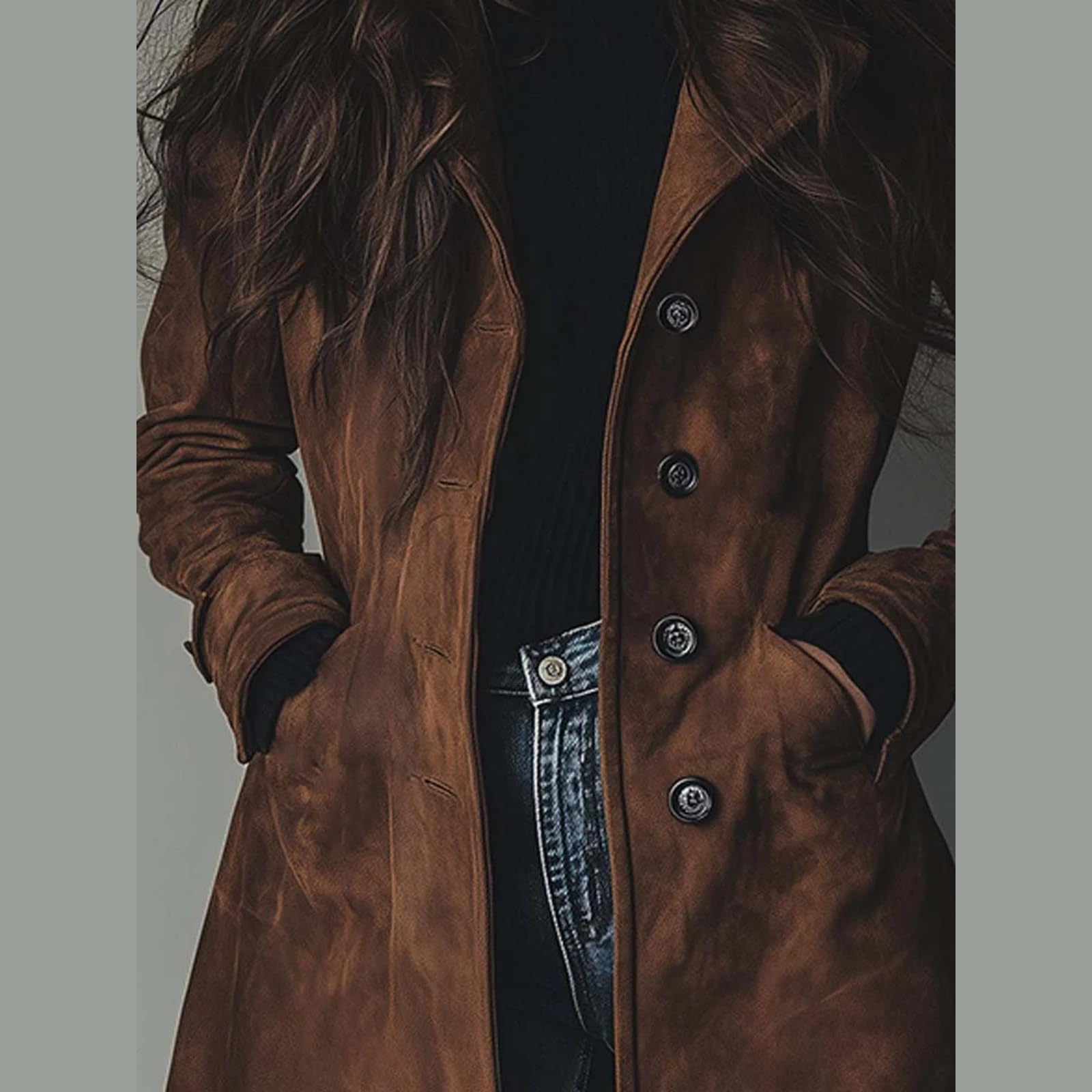 Giacca in pelle scamosciata per le donne Autunno Inverno Doppio Petto Classico Risvolto Slim Ladies Faux Suede Cappotto Trench Vintage Suede