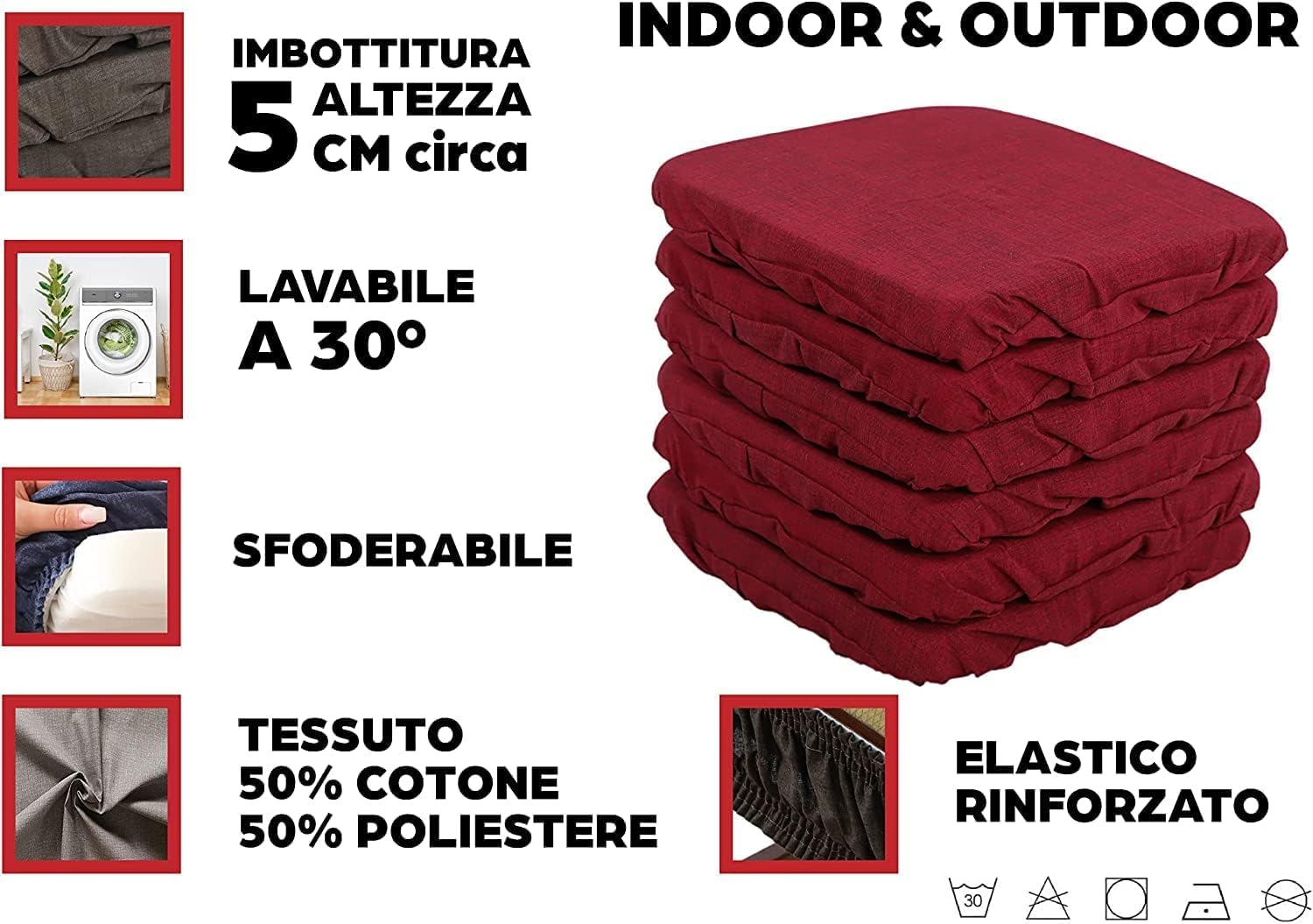 Set 6 Cuscini Sedia Coprisedia Imbottiti Vesto Molla Loneta con Elastico Tinta Unita (40x40)- BORDEAUX