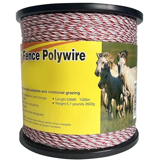 Upgraded Electric Fence Polywire,Fence Rope 6 Stainless Steel Strands for Reliable Conductivity and Rust Resistance UV Rust Resistant, 3366 Feet/1026 Meters,Red and White Color