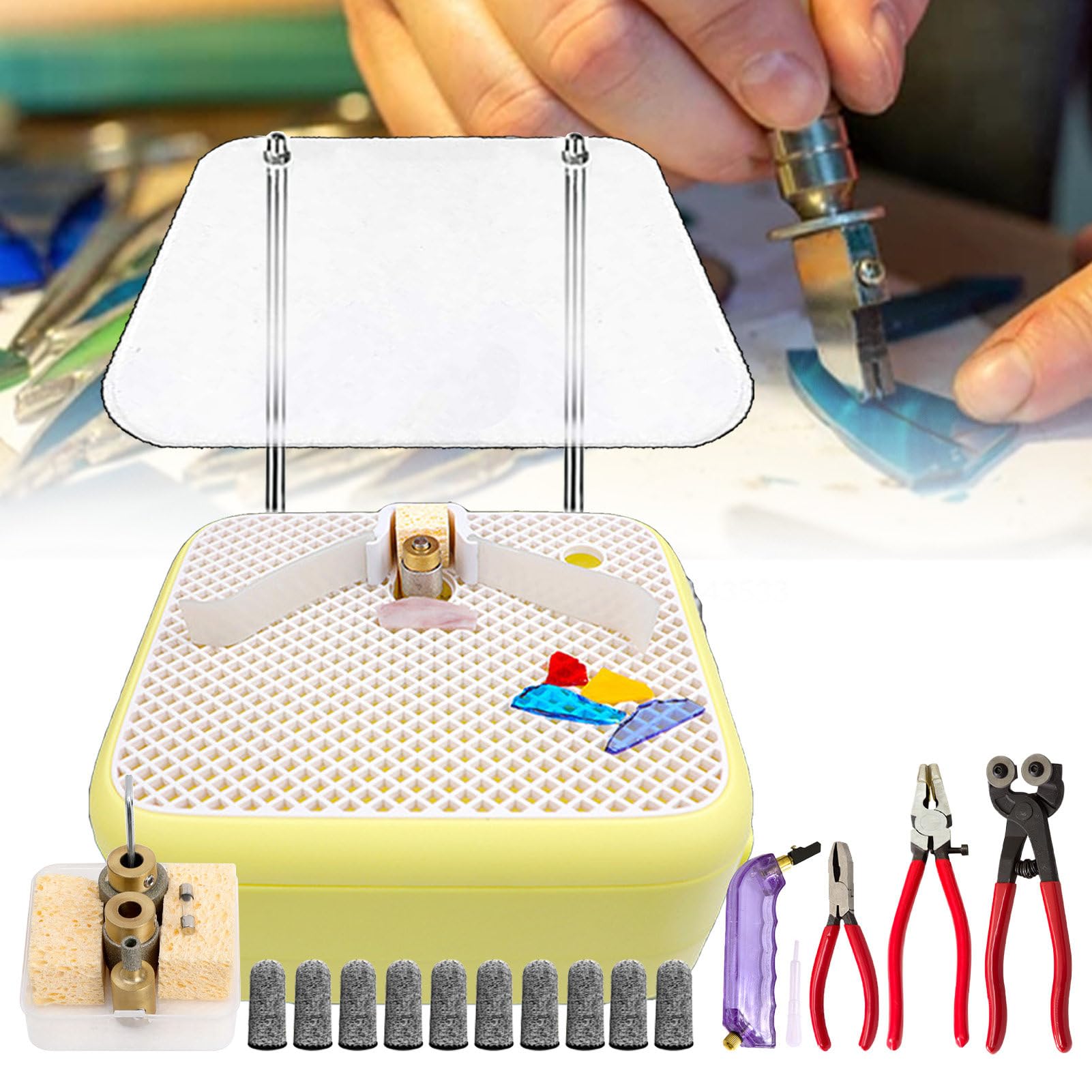 Kit macina vetro colorato – Mini piano di lavoro con acqua automatica e 3 teste di macinazione per principianti, ideale per artigianato e progetti fai da te