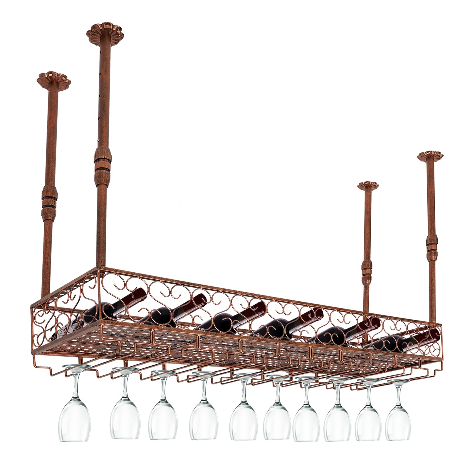 Estante de techo, estante para vino de montaje en techo, altura ajustable, 35-55 cm, soporte para copas de vino retro para habitaciones con una altura de 7,71 – 8,37 pies, cocinas, bares,