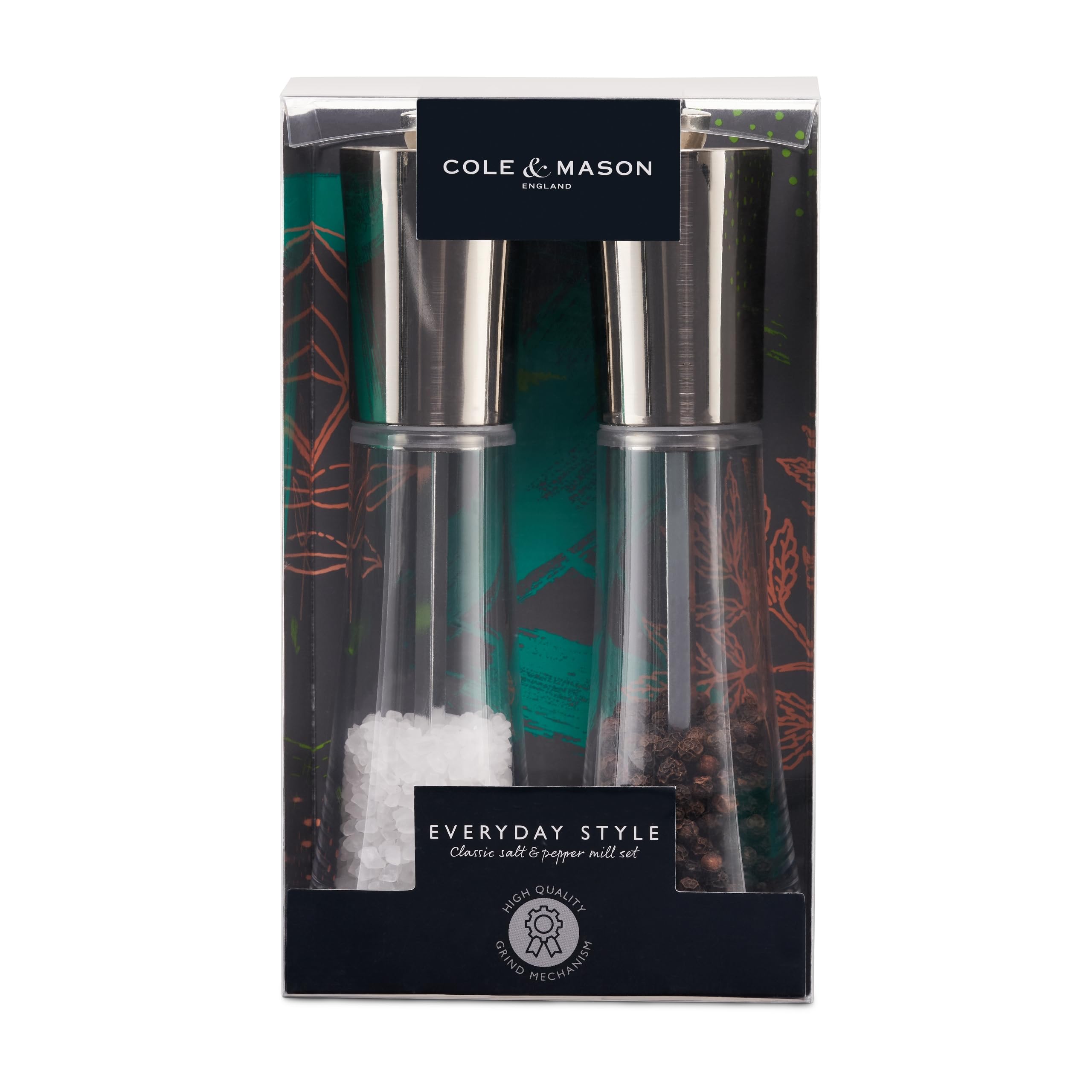 Cole & Mason Eday Style Salt & Pepper Mill Set - Clear Acrylic & Stainless Steel - 16.5cm