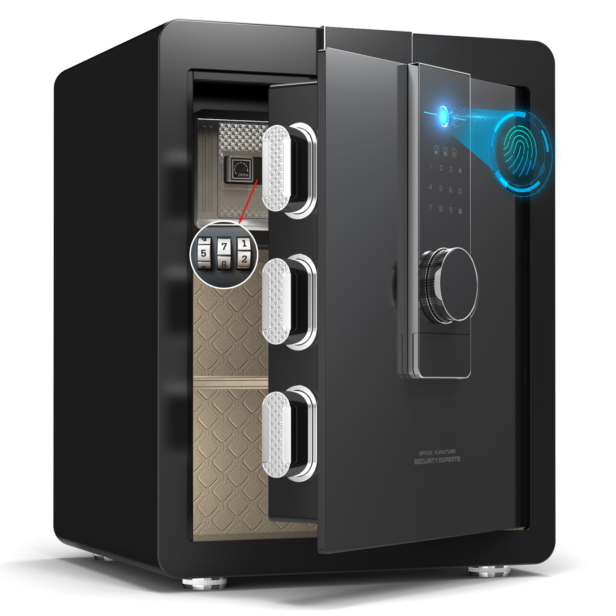 Caja fuerte grande y pesada de 22 kg, gabinete de seguridad de acero de aleación de 52 litros con teclado biométrico, digital y cerradura de llave, montaje en pared, almacenamiento para el hogar