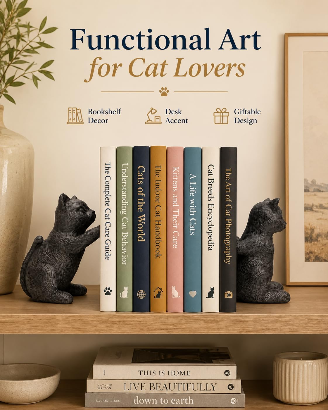 Set of 2 Black Resin Cat Bookends, Cute Cat Decorative Bookends for Shelves, Heavy Cat Figurine Book Supports for Bookshelf, Desk, Office, Living Room, Study Room Decor, Gift for Cat Lovers (Cat)