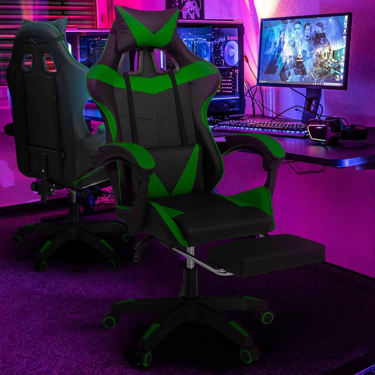 IDMarket Alex - Sillón de juego ajustable con reposapiés, cojín de cabeza y cojín Lumbar, color negro y verde