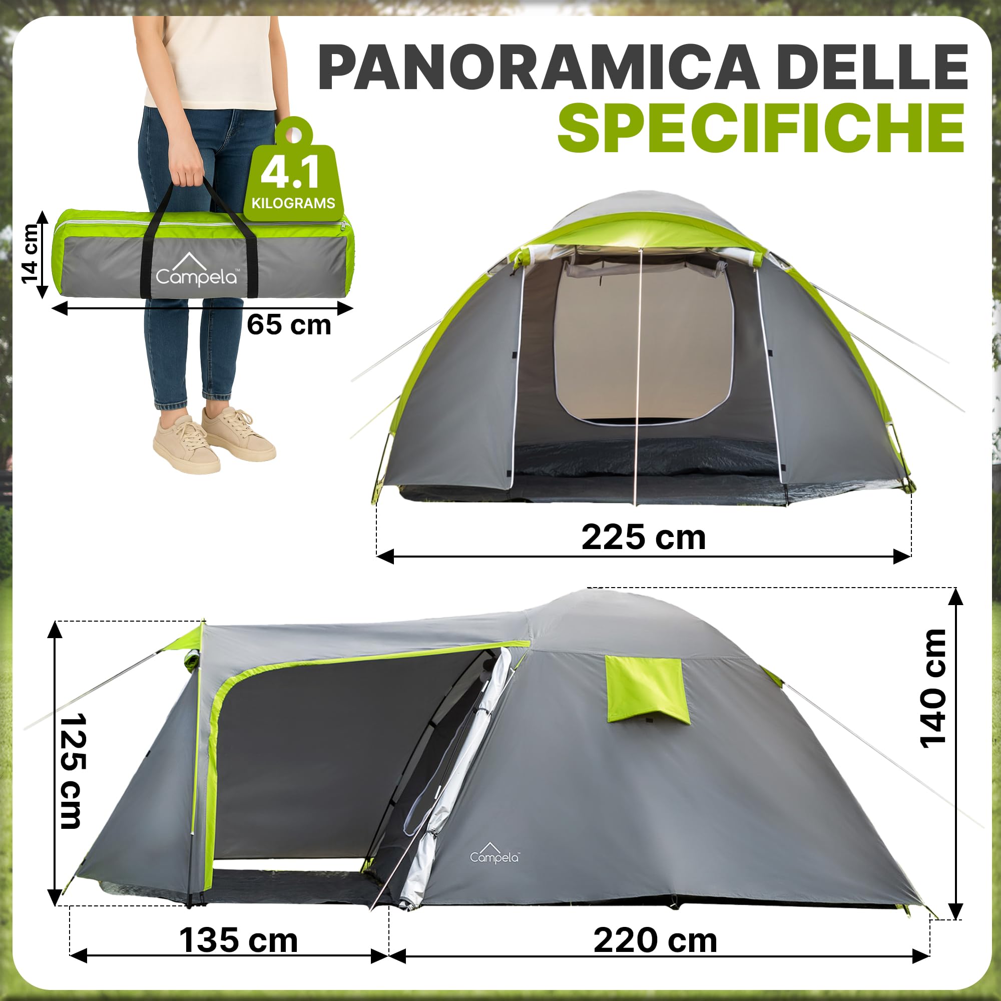 Tenda da Campeggio 4 Posti Impermeabile 3000 mm Doppio Tetto Vestibolo Ampio 2 Ingressi Zanzariera Poliestere 190T Telaio Fibra di Vetro 4,1 kg