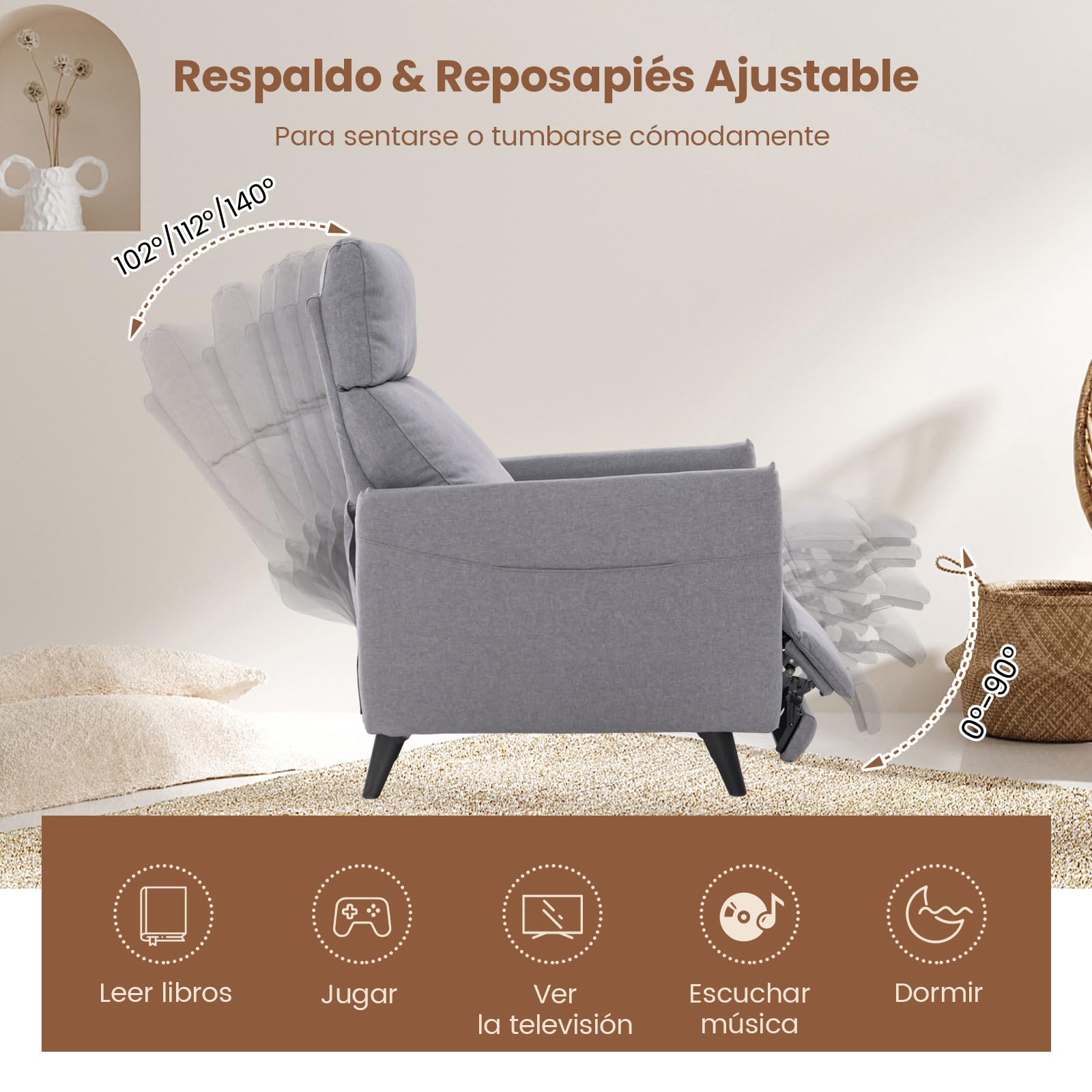 COSTWAY Sillon Relax Reclinable 102/112/140°, Respaldo y Reposapiés Ajustables, Tela de Lino, Sillones para el Salón con Asiento Acolchado Suave, Sillon Orejero (Gris Claro)