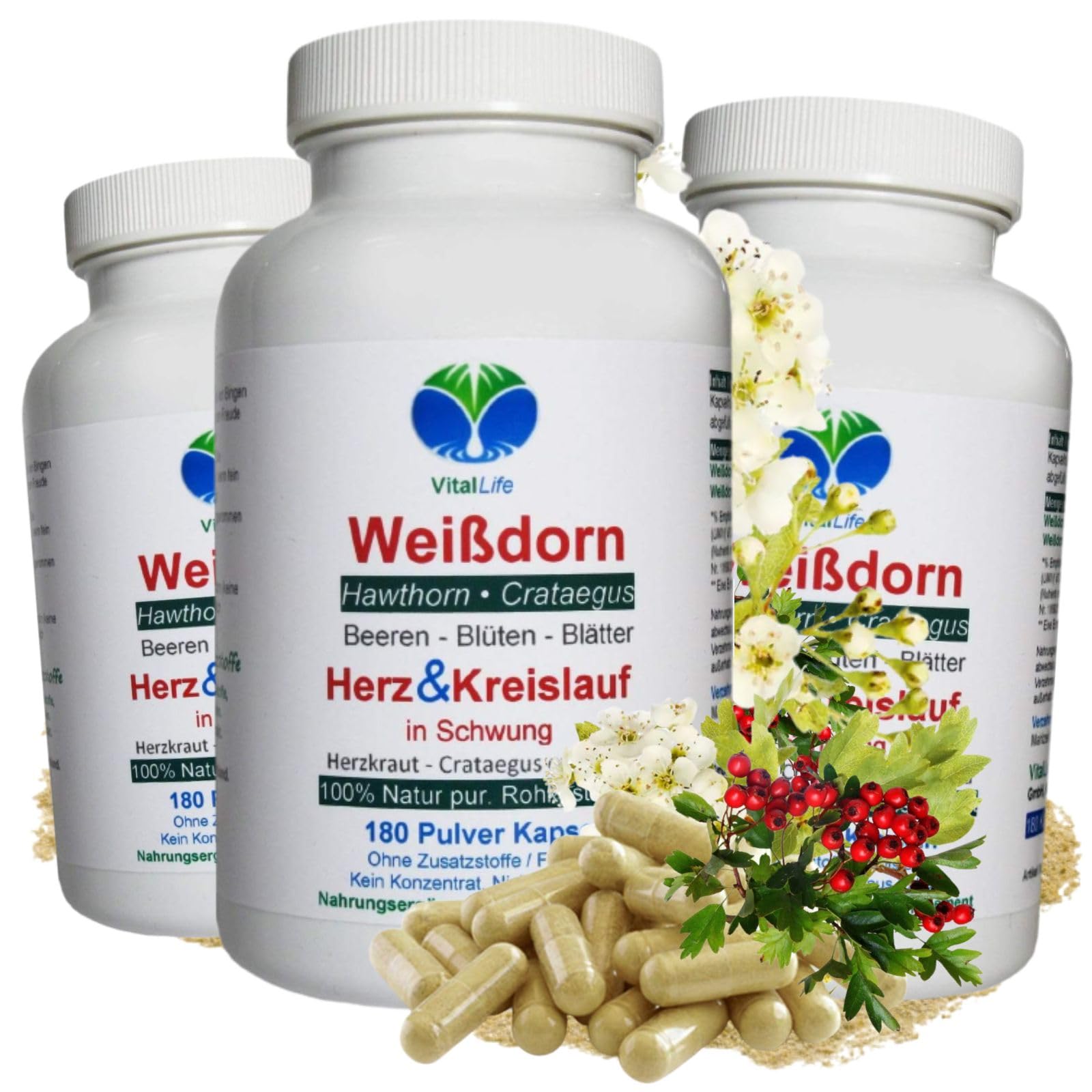 WEISSDORN Weißdorn HERZ-KREISLAUF 540 Kapseln 3x180 "HERZKRAUT" NATUR pur Weißdornbeeren & Weißdornblätter & Weißdornblüten. OHNE ZUSATZSTOFFE. 27100-5