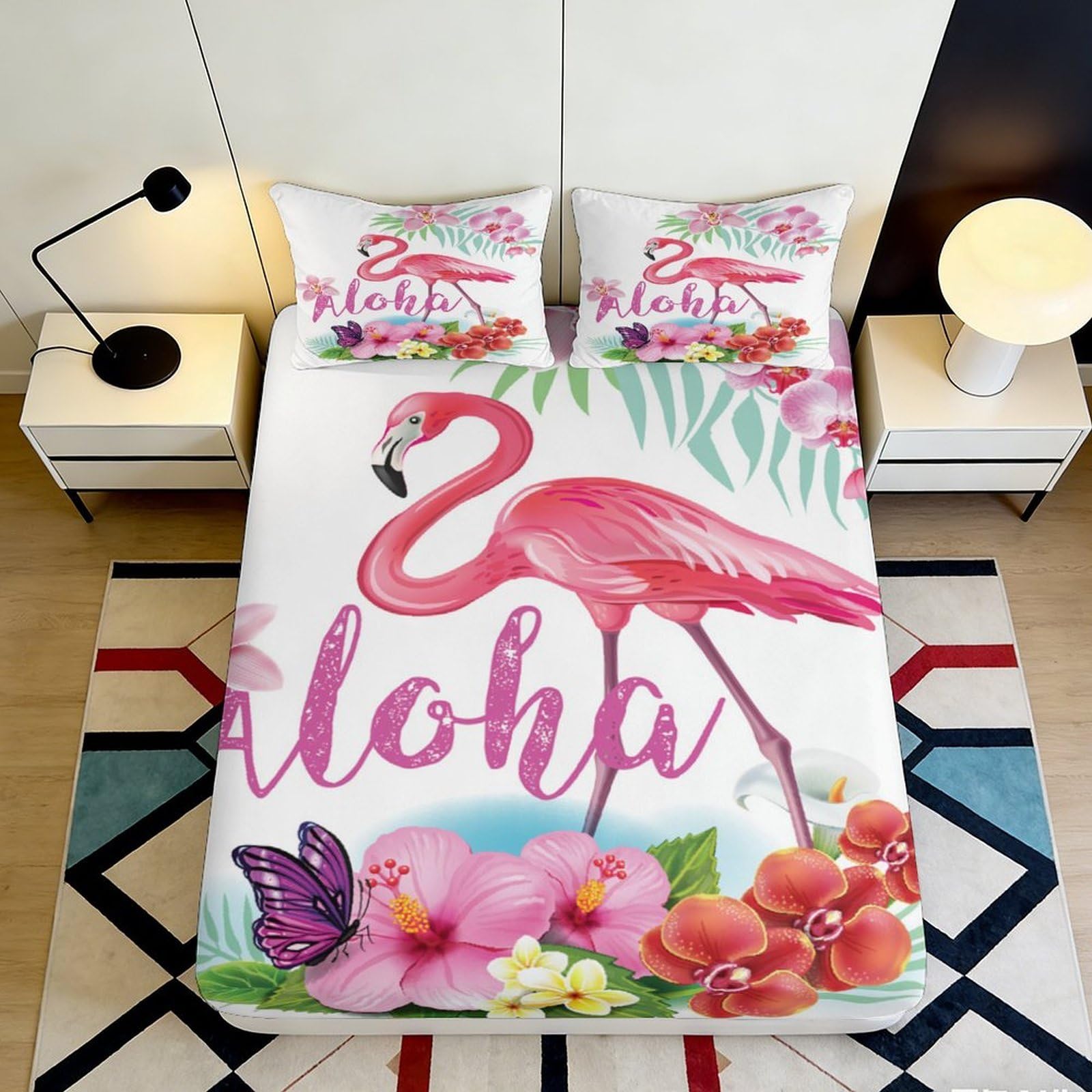 Pnayamiorkfel Style-7 3D Printed Flamingo Tropical Flowers Fitted Sheet Microfiber Soft Pink Butterfly Bed Cover For Bedroom Guest Room Decor 90X200x25cm
