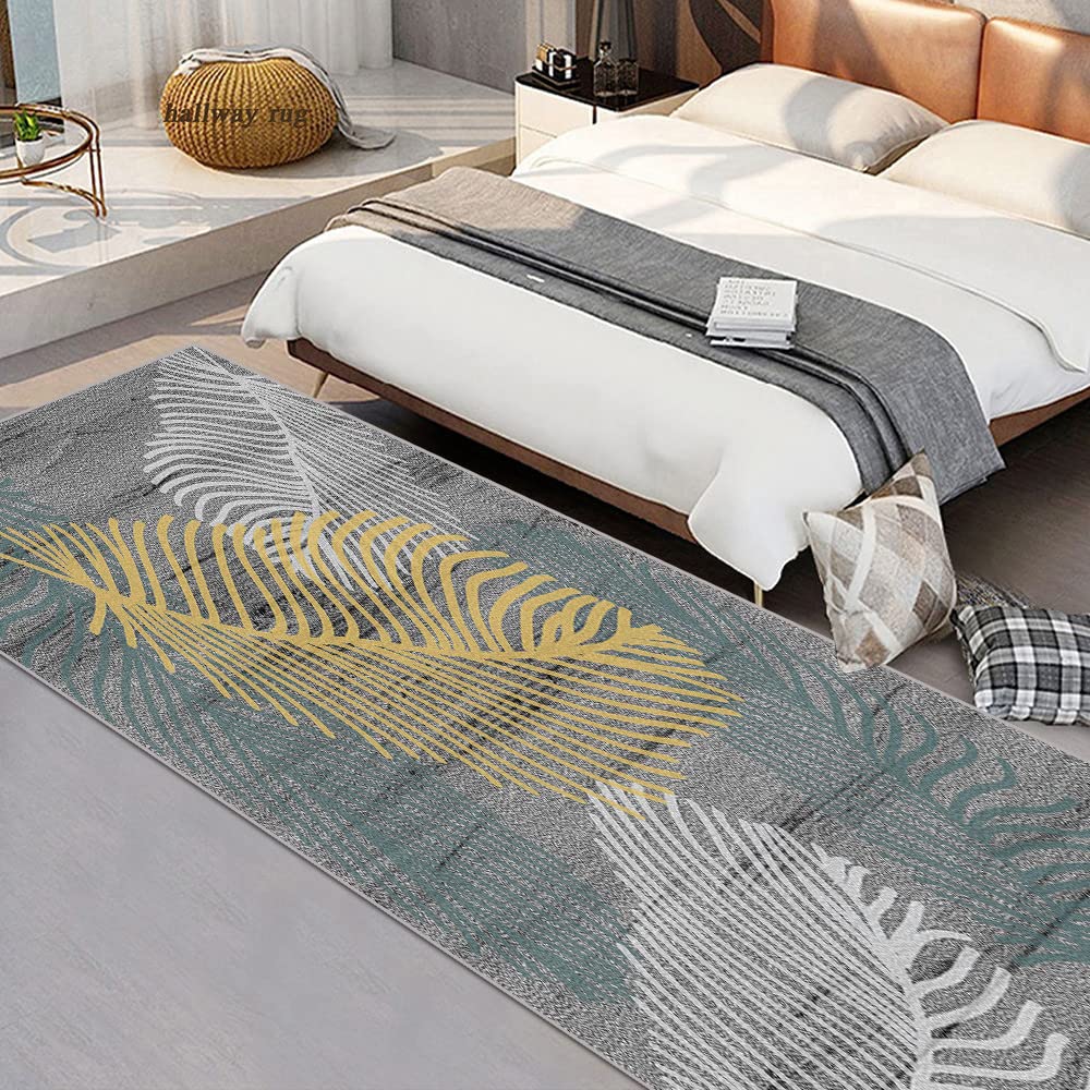 Teppich Läufer Flur Küche rutschfest Waschbar Grau Schmutzfangläufer Feder-Muster Teppichläufer Meterware,Küchenteppich Kurzflor Kücheläufer Polyester Anpassbar,Grau,60x250cm