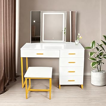 Vanity Desk with Mirror and Lights, Makeup Vanity Set with Cushiioned Stool, Storage Shelves and 5 Drawers for Bedroom, White
