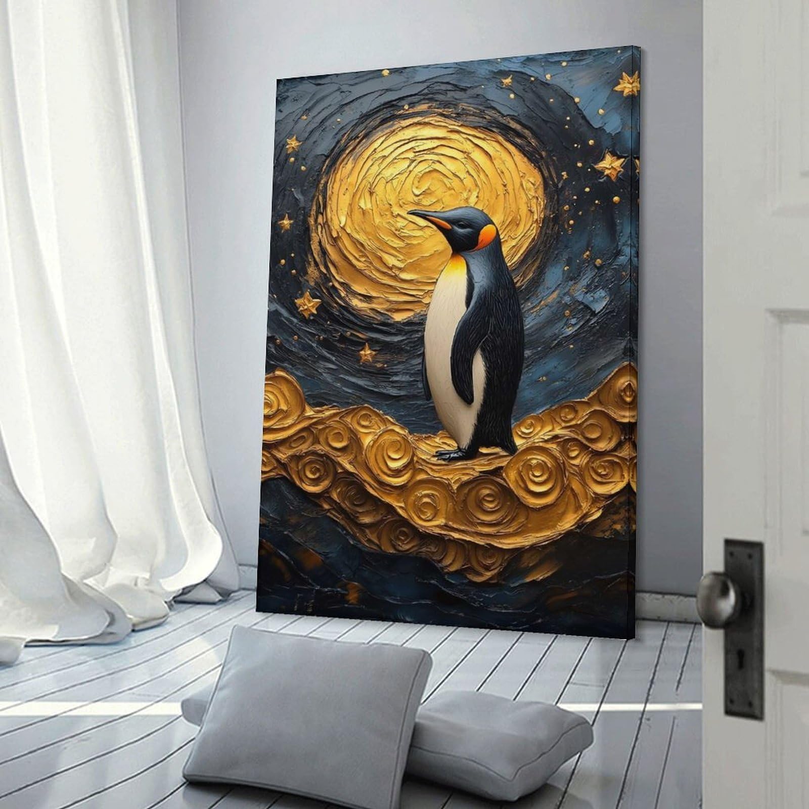 Junmoney Penguin in Golden Night Sky Room Decor Wall Art, 12x18inch(30x45cm), for Home Office, Desk Area Or Studio, An Interior Accent for Desk Areas