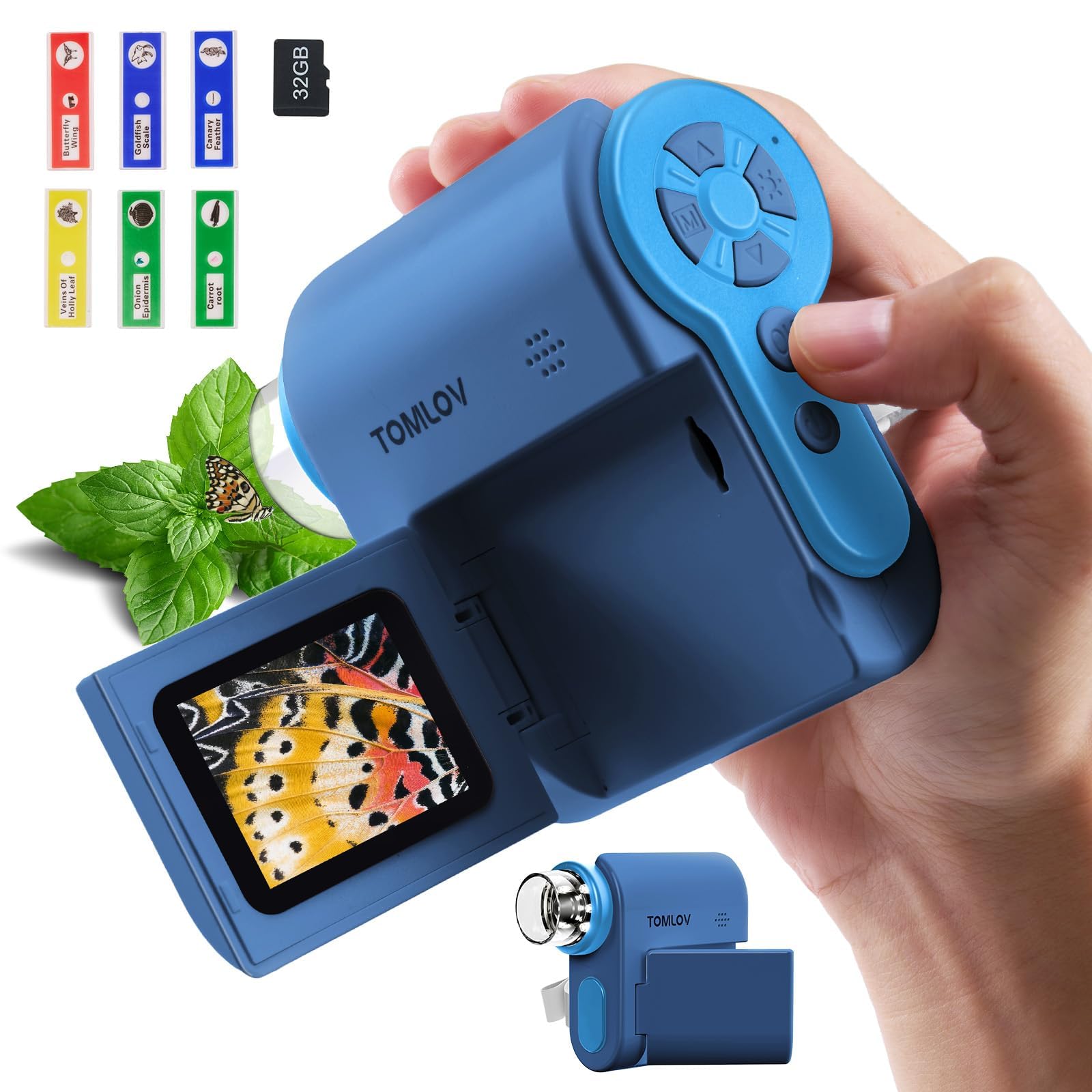 P20 Handheld Pocket Digital Microscope for Kids, 3-in-1 Miniscope, Portable 1080P DV Camera with Flip 2" LCD Screen, Compatible MacOS & Windows, 4.0 Hours, 6 Pcs Slide Set, 32GB Card (Blue)