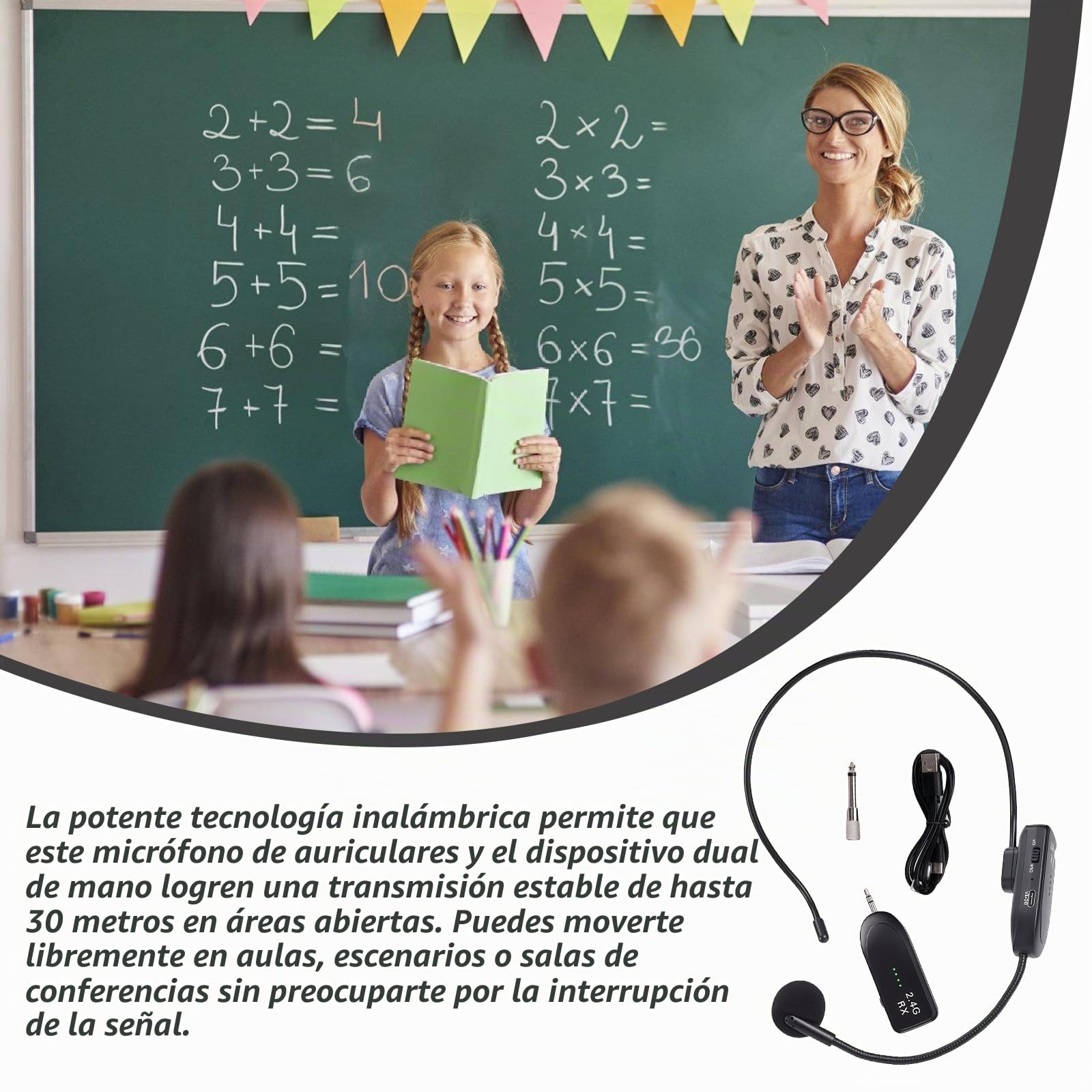 Micrófono inalámbrico con auriculares: Micrófono inalámbrico recargable 2,4G UHF, micrófono sin cables con alcance de 30M, micrófono de cabeza y de mano 2 en 1 para enseñanza
