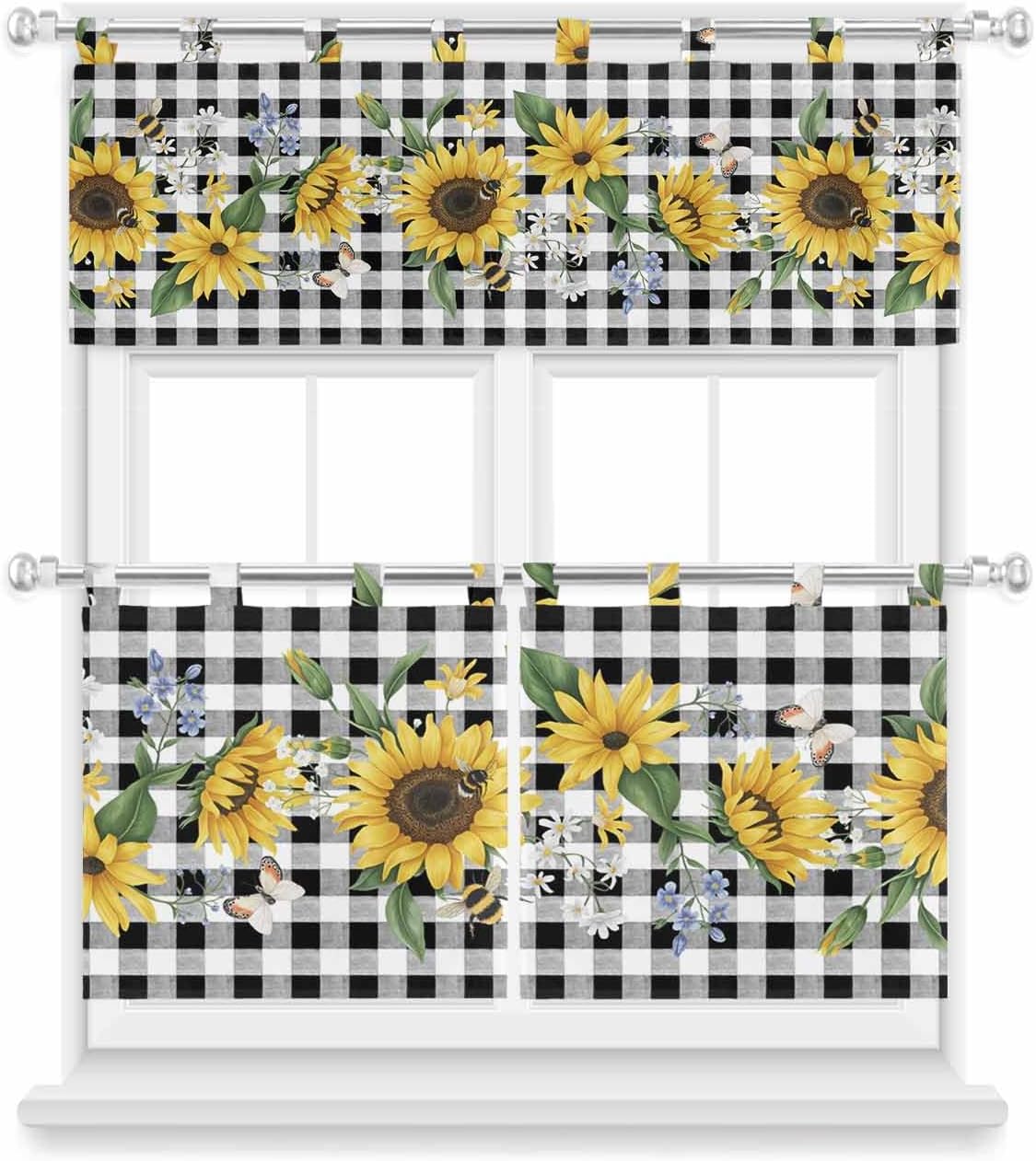 3 Pcs Kitchen Curtains and Valances Set for Windows, Watercolor Black and White Buffalo Check Sunflowers Pattern Light Filtering Curtain Valance, Drapes Privacy Protect for Bathroom Bedroom