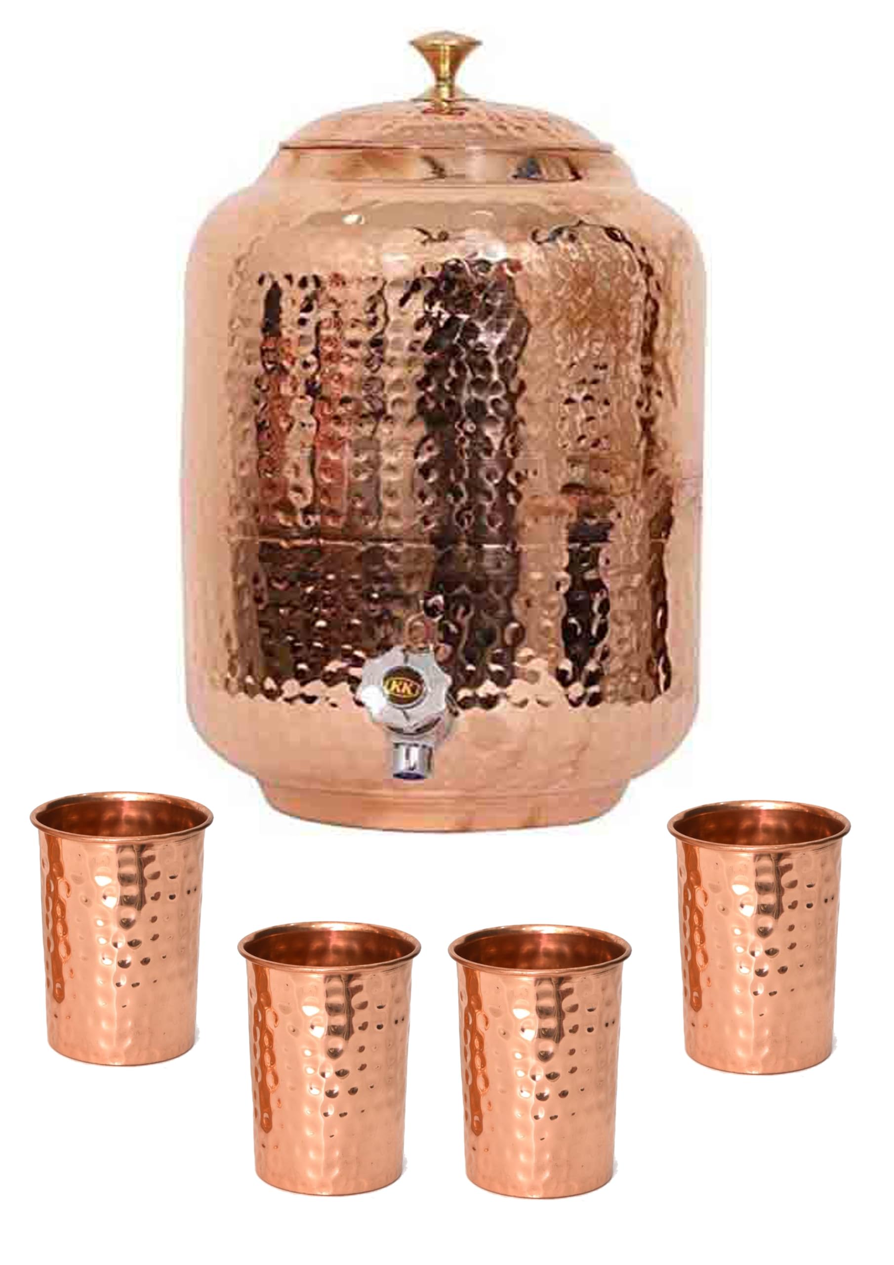 Distributeur D'eau En Cuivre Pur 8 Litres - Finition Martelée, Avec 2 Verres Et 1 Bouteille