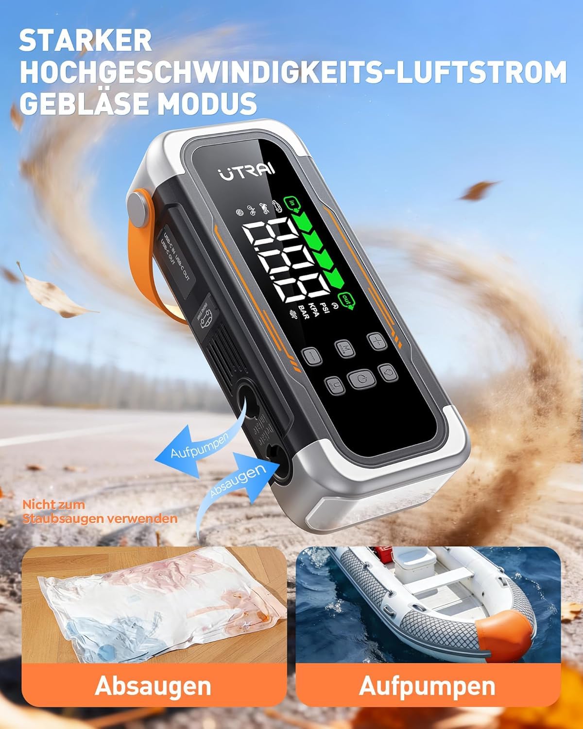 UTRAI 6000A Starthilfe Powerbank für Pkw, Alle Benzin & Gas 10L Diesel | 150PSI Kompressor, Gebläsefunktion, PD 30W Ausgang, 10-Faches Sicherheitssystem, 800 Lumen Notfallleuchte
