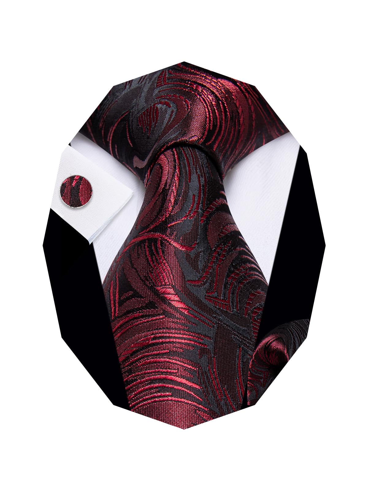 Mens Red Floral Ties Silk Wine Red Tie with Pocket Square Cufflinks Set Fashion Designer Necktie Party Wedding