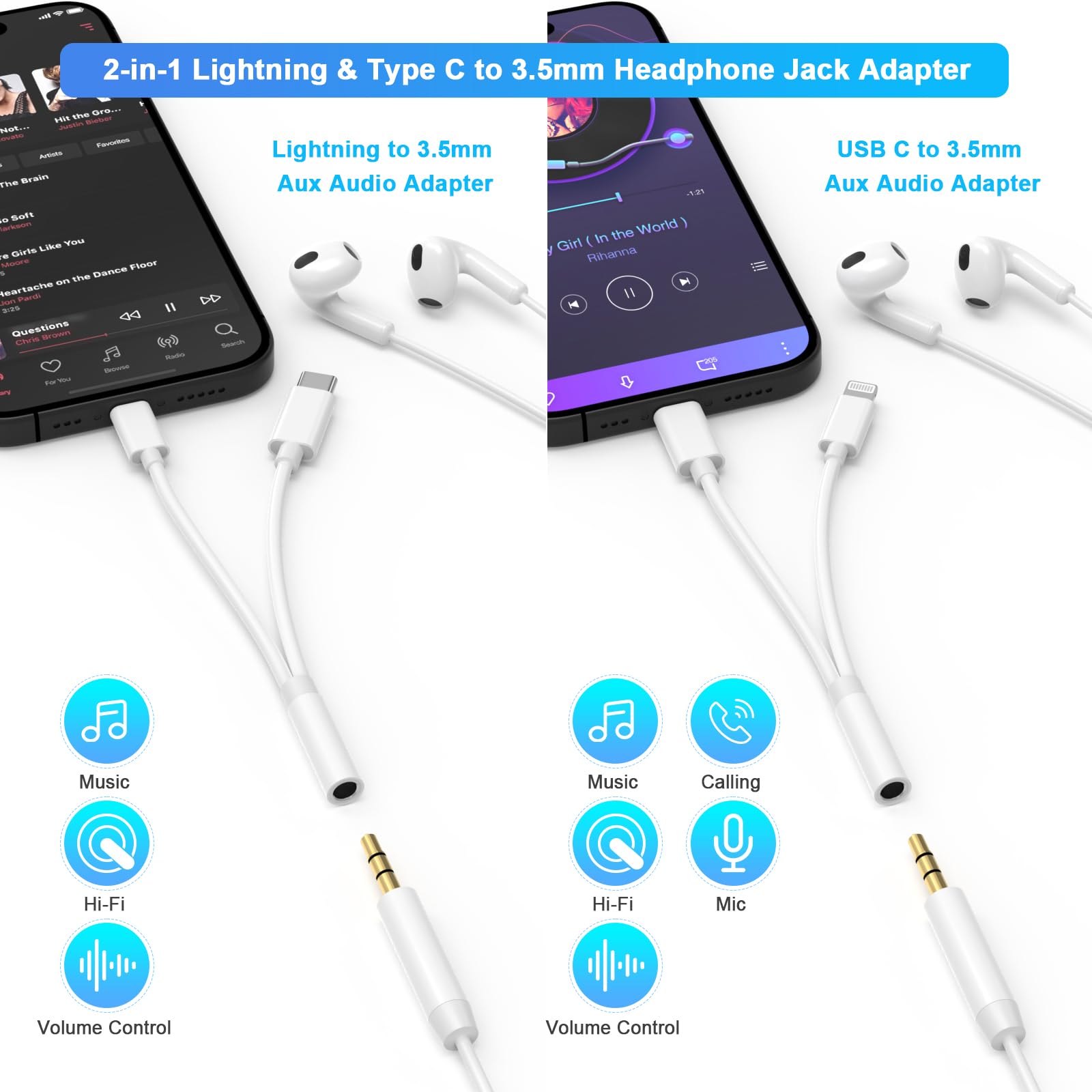 iPhone Headphone Adapter, [Apple MFi Certified] 2-in-1 Lightning/USB Type C to 3.5 mm Headphone Jack Adapter, iPhone Aux Adapter Converter Dongle Audio Cable for iPhone 16 15 14 13 12 11 XS XR X 8 7