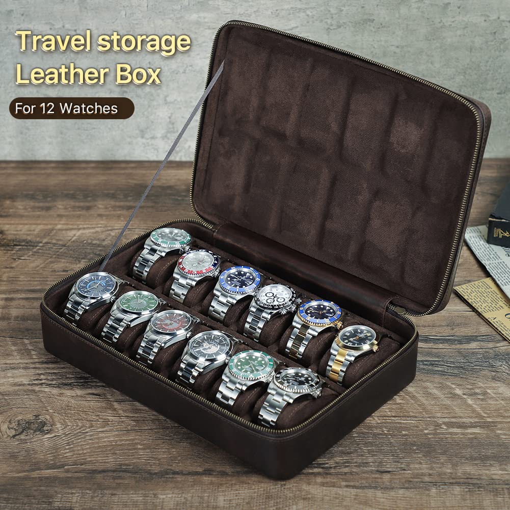 Scatola Porta Orologi, Crazy Horse in Pelle, Grande Custodia da Viaggio, Protezione per Orologi, Organizer con Cerniera, Astuccio da Collezione (caffè Scuro, 12 Scomparti)