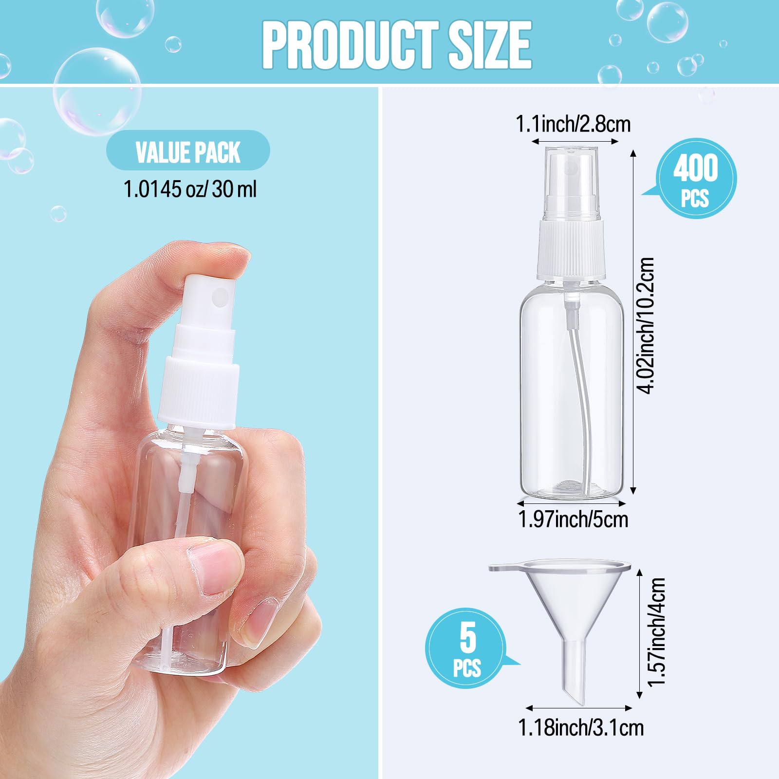 Uiifan 400 szt. mini przezroczystych butelek z rozpylaczem 30 ml małe puste plastikowe butelki z drobną mgiełką z małymi lejkami na olejki eteryczne podróżne perfumy alkoholowe
