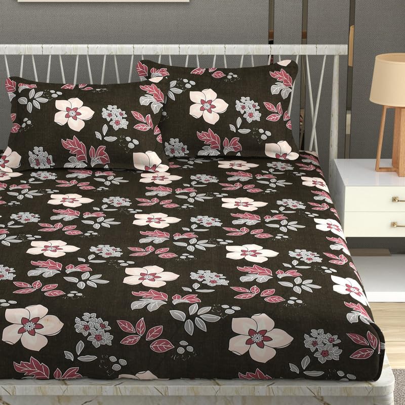 NEW LEAF Pure Cotton Flat Double Bedsheets with 2 Pillow Covers | Double Bed Breathable | Wrinklefree | Ultrasoft |Summer Bedsheet 200 to 220 tc Floral | 90×90 Inches,Dark Brown