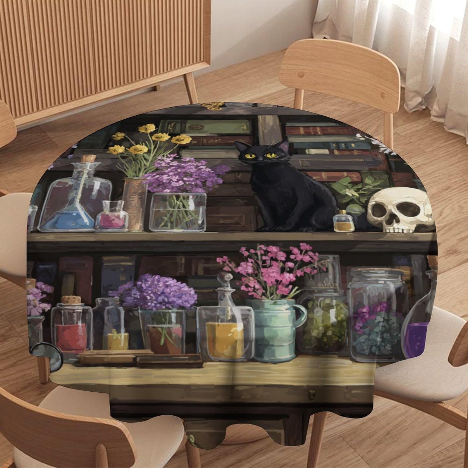 LUYYSKY Beautiful Rustic Black Cat Waterproof Round Tablecloth Watercolor Animal Cat Kitten Gothic Bookshelf Floral Skull Pattern Washable Table Cover for Kitchen-177.8" Wx177.8 L cm