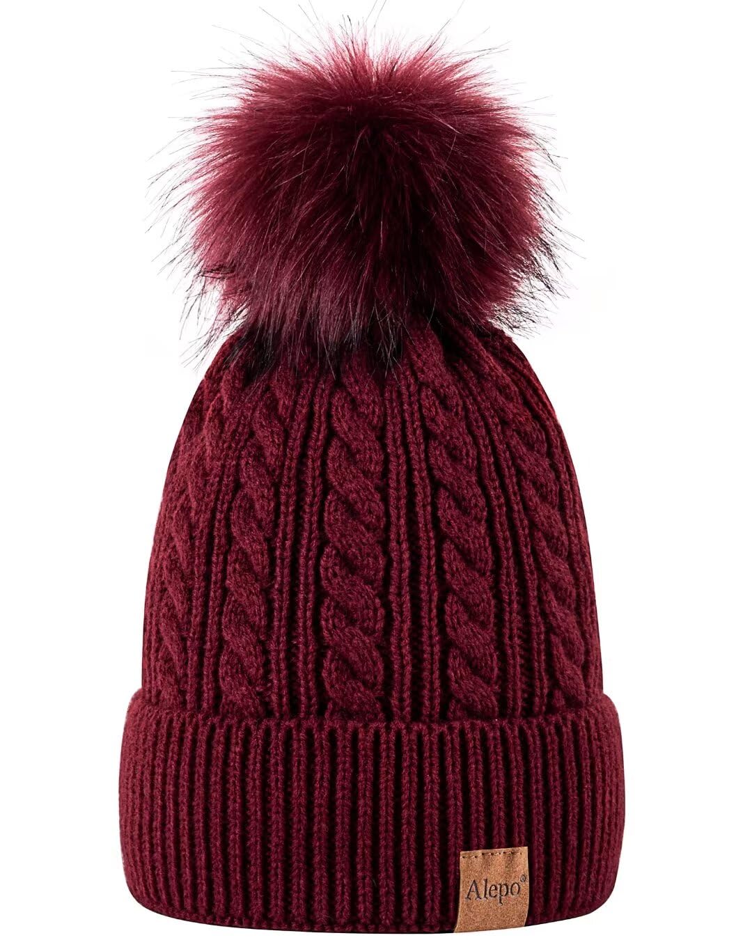 Womens Winter Warm Fleece Lined Knitted Soft Ski Cuff Beanie Hat with Pom Pom Womens Winter Beanie Hat, Warm Fleece Lined Knitted Soft Ski  main image 2