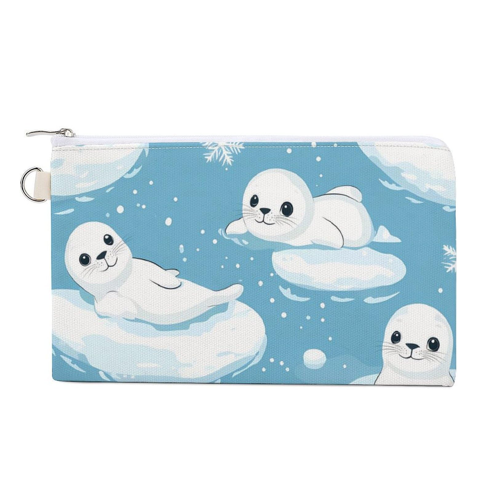 Cartoon Seals Snowflakes Cute Coin Purse Travel Small Makeup Bag Pencil Pouch 7.4 × 4.6 Inch