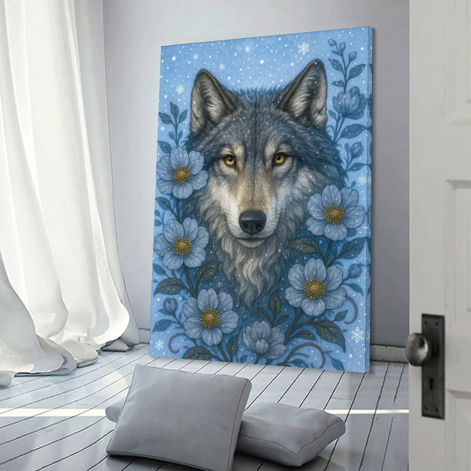Junmoney Wolf Portrait with Blue Flowers Wall Picture Print 24x36inch(60x90cm), for Bedroom Decor, Cosy Corners Or Studios, Home Artwork with A Soft Interior Feel