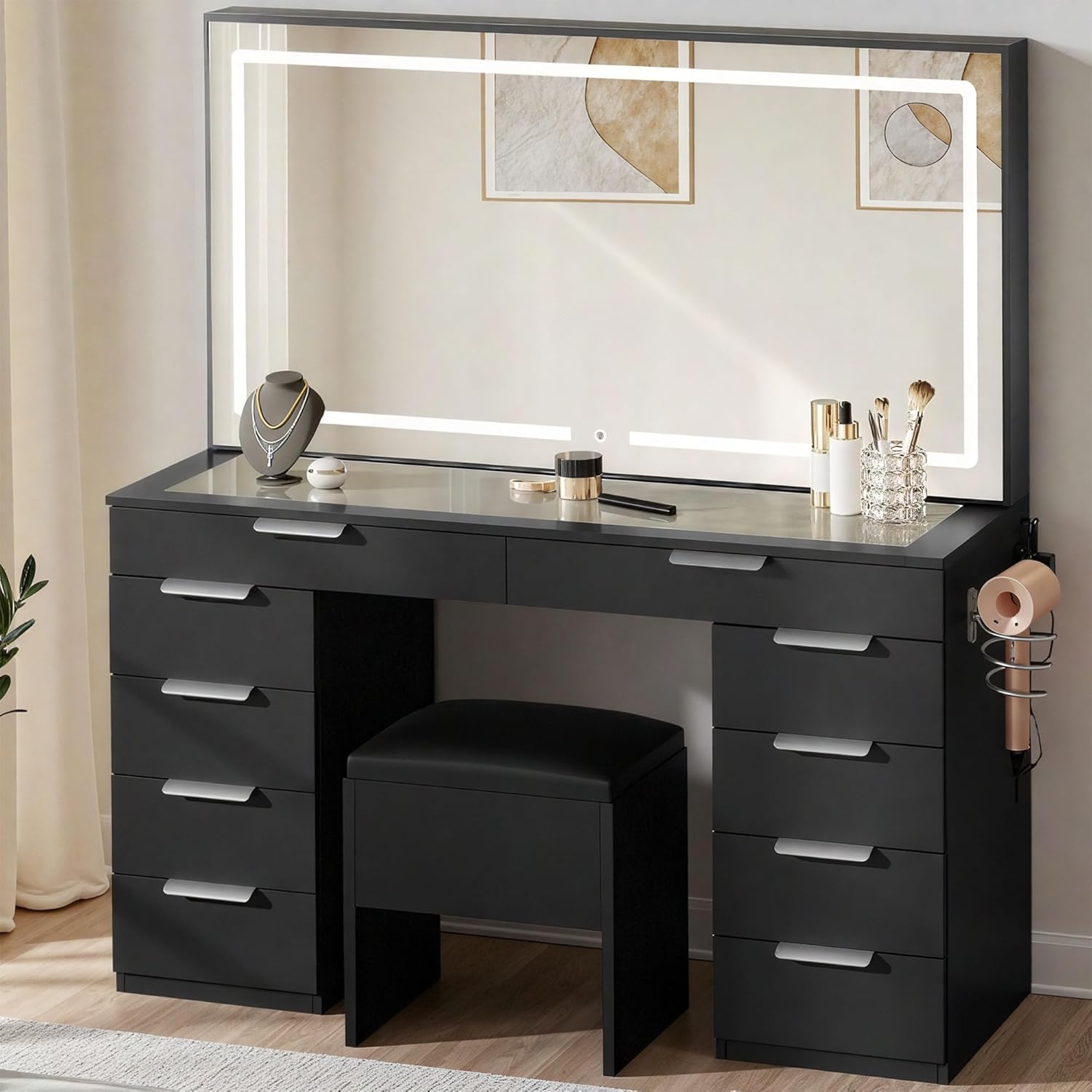 DWVO Vanity Desk with Mirror and Lights, Spacious Vanity Table and Chair Set with Power Outlets & 10 Storage Drawers, Comfy Makeup Vanity Table Desk Set with 3 Lighting Modes Pure Black Large