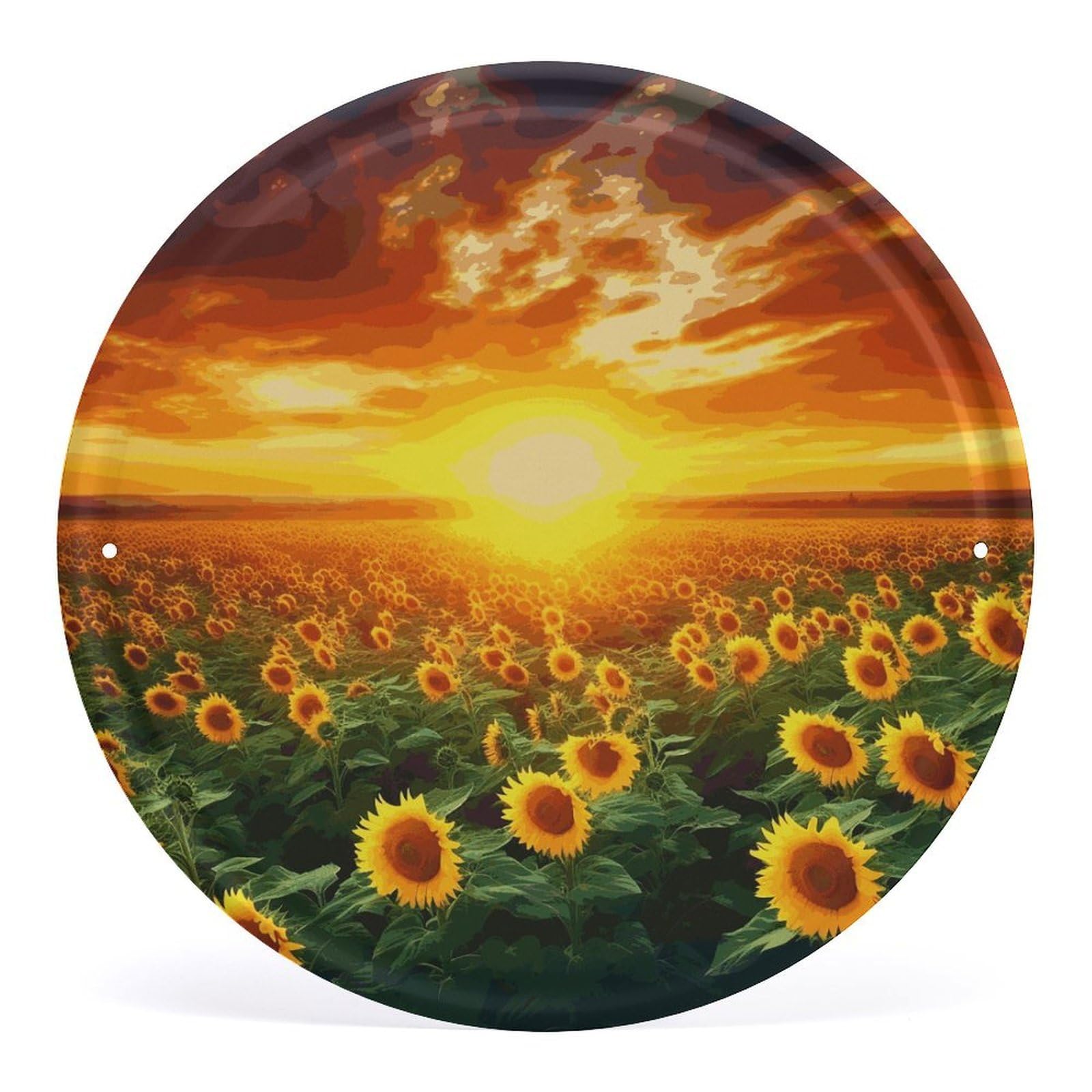 Fodpand Style Dreamlike Sunset Of A Sunflower Field Round Wall Art Hanging Decorations, Wall Decor Modern Minimalist Artwork, Tin Sign Hanging Picture For Living Room, Bedroom, Office, Hallway, 11.8X11.8 Inch