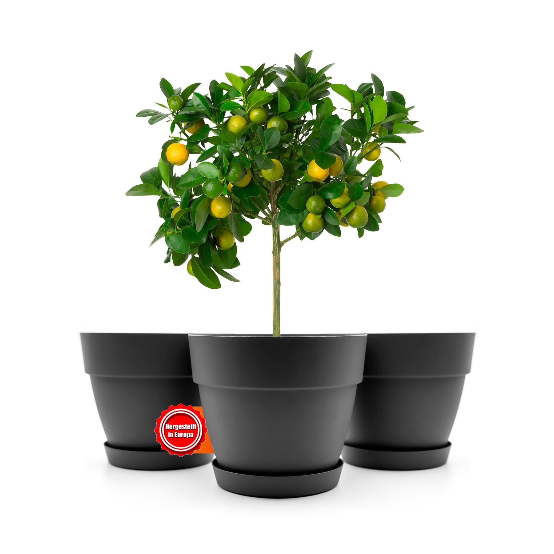 BigDean Lot de 3 pots de fleurs ronds avec soucoupe, diamètre 47 cm, anthracite, cache-pot pour l'intérieur et l'extérieur, en plastique incassable et fabriqué en Europe
