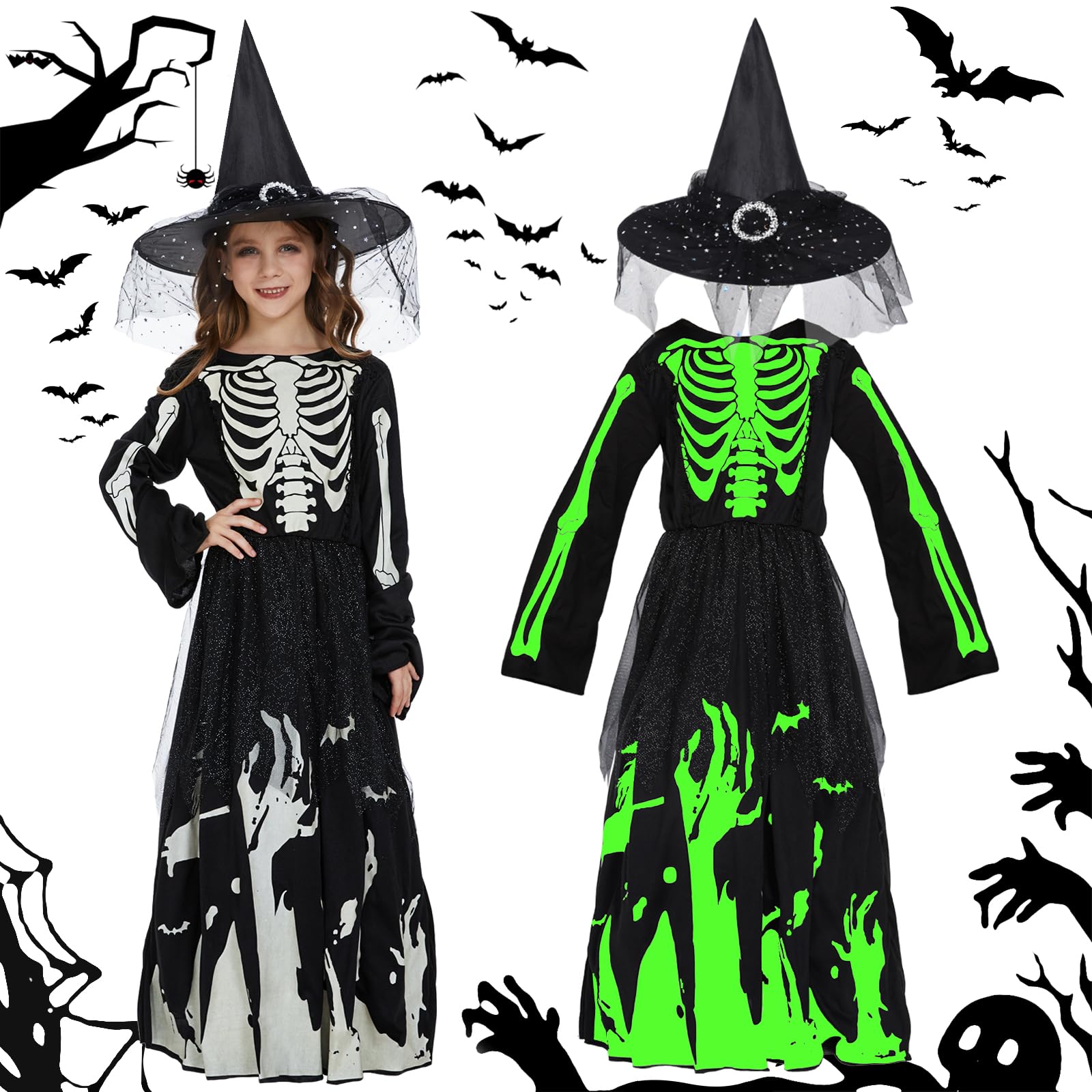 FORMIZON Disfraz de Bruja para Niña, Disfraz de Esqueleto para Niña, Set de Bruja Niña con Sombrero de Bruja, Vestido de Bruja, Disfraz de Halloween para Niña Carnaval Cosplay