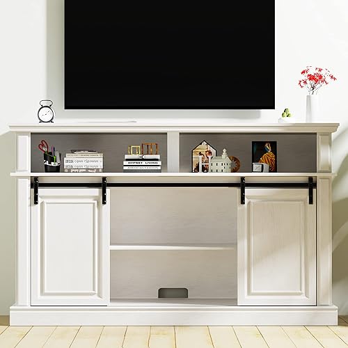 Miniatura 7 de LGHM Soporte de TV con moldura de panel elevado, centro de entretenimiento para TV de 65 pulgadas, soporte de TV blanco de 58 pulgadas con puerta
