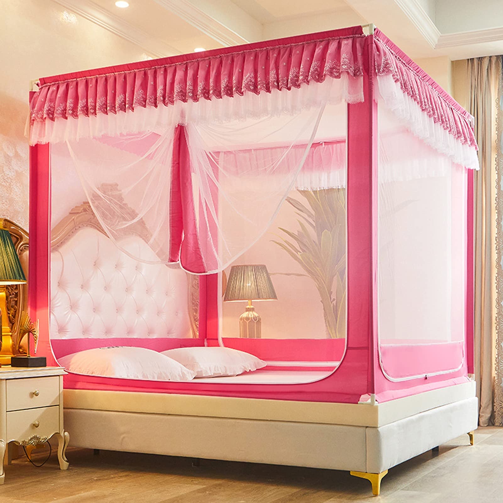 Moskitonetz fürs Bett, Anti-Moskito-Baldachin, 3 Seitentüren, Campingzelt aus Polyester, Vorhangnetz, Bettwäsche, einfache Installation, (Rot, 180 x 220 x 170 cm)