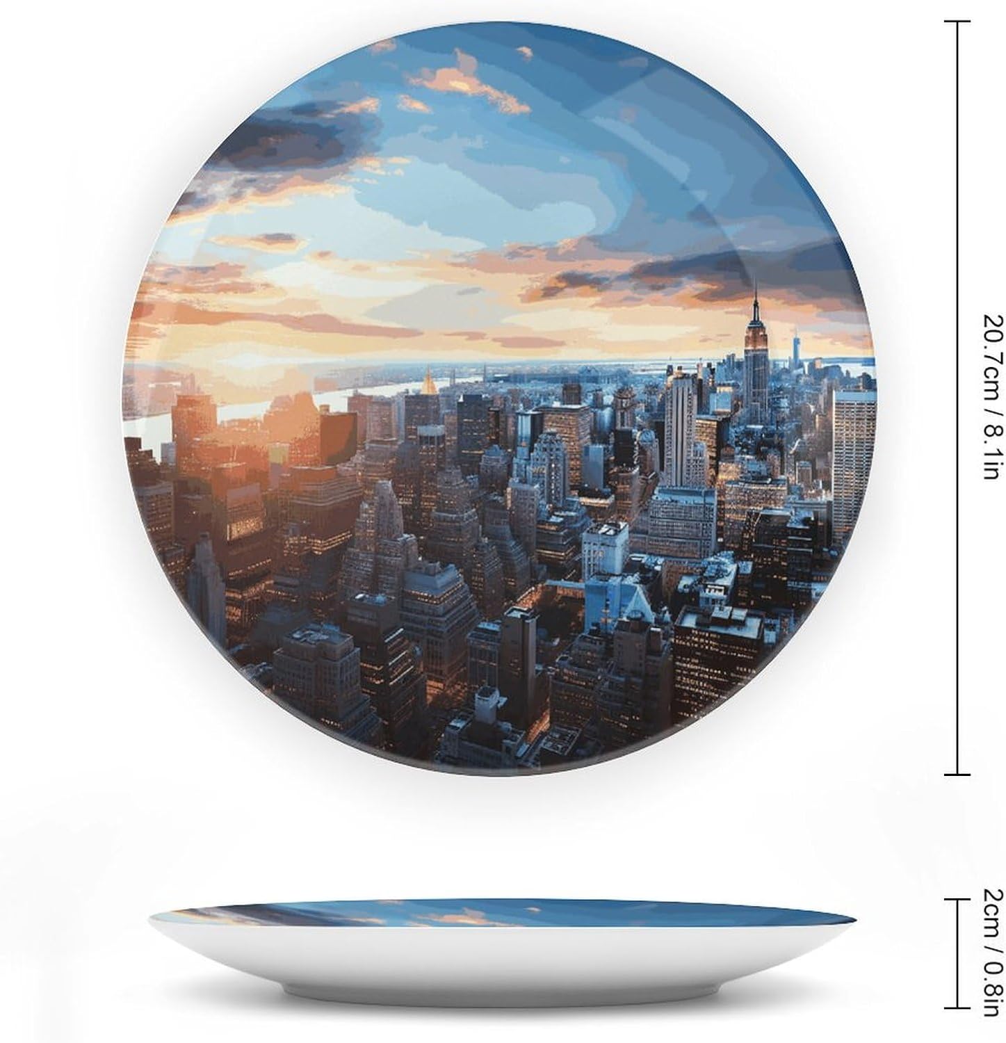 New York City Skyline Bone China Decorative Plate with Display Stand, Ceramic Ornaments Plate for Wall Hanging, Personalized Porcelain Plates for Office, Living Room 8inch