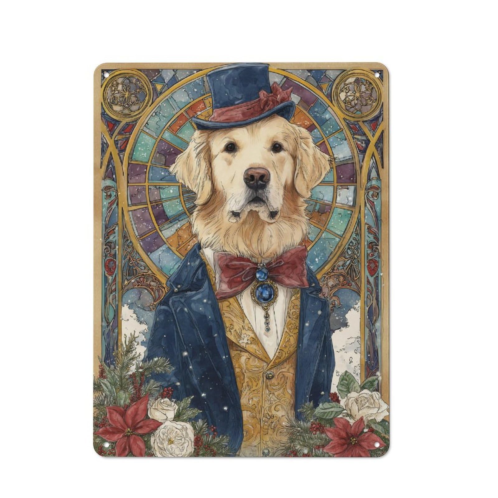 Junmoney Stylish Golden Retriever In Formal Attire Metal Wall Plaque With Design 40X30cm, Retro Small Space Decor For Flat, Dorm Room, Lounge Or Cafe