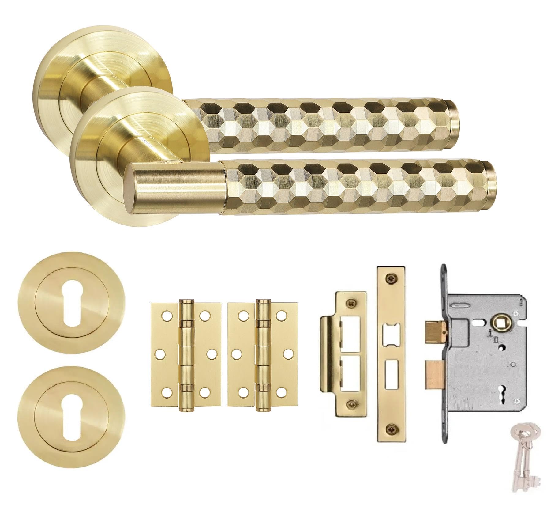 Golden Grace Knurled Hex Cut T-Bar Door Handle Lock Set 3 Lever Mortise Lock BB Hinges Satin Brass