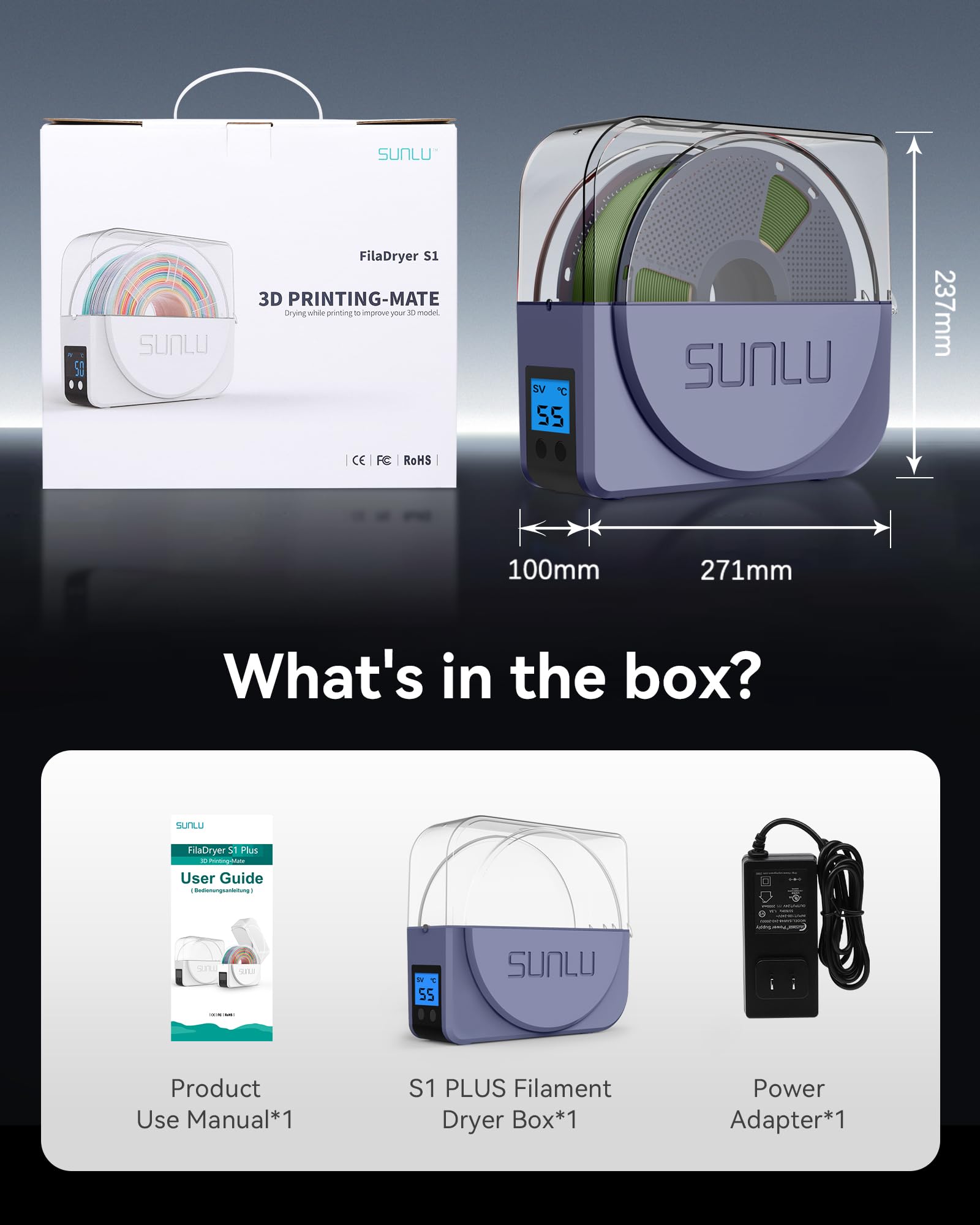 SUNLU Secador de filamentos nuevo con ventilador de circulación, S1 Plus Negro