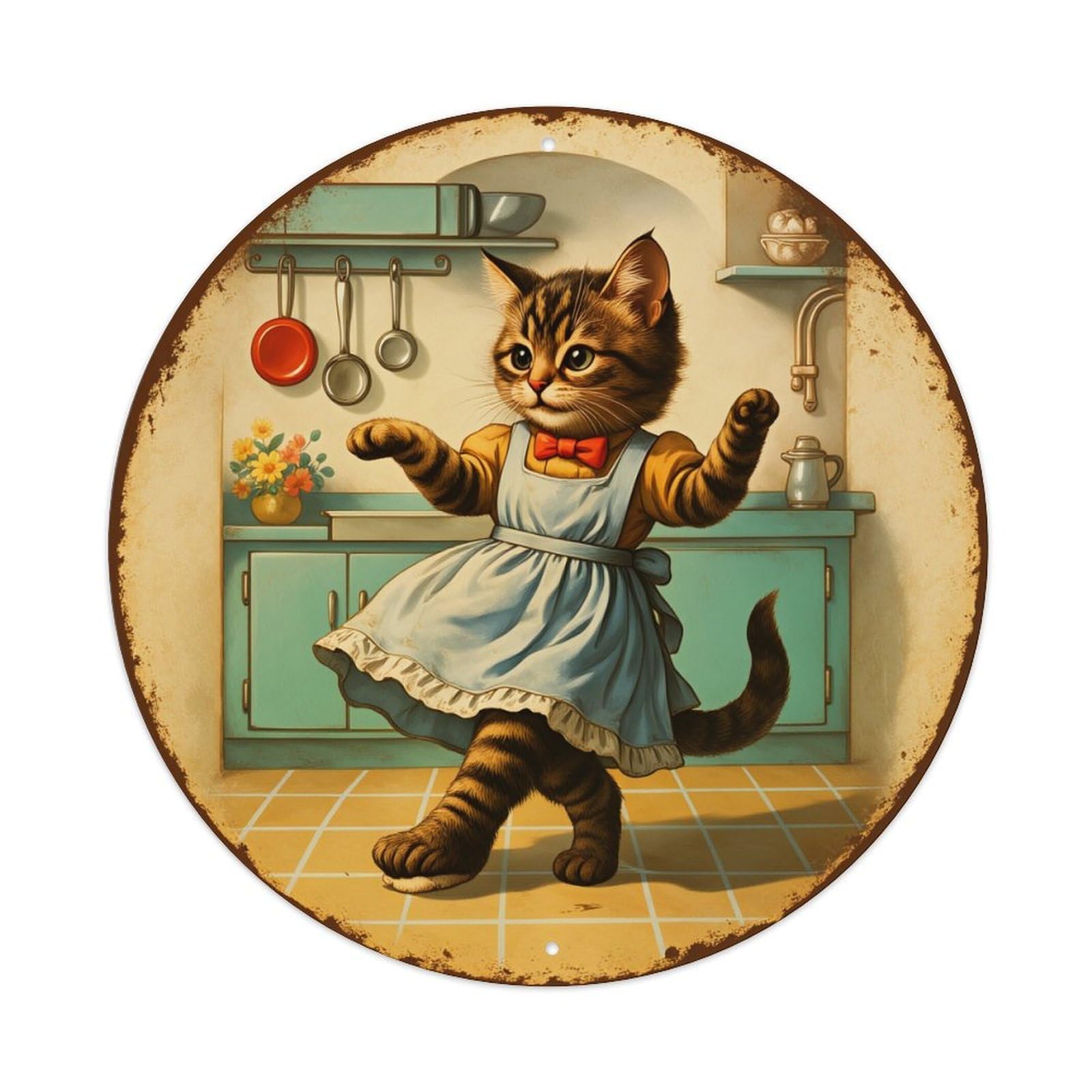 Cat In Kitchen Apron Dance Round Tin Sign Vintage Metal Poster, Home Bar Garage Man Cave Cafe Indoor & Outdoor Wall Decoration 8x8Inches