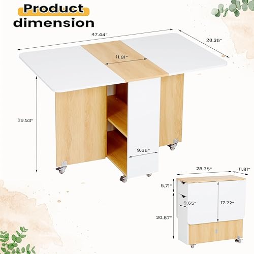 Miniatura 3 de Mesa de comedor plegable, mesa de comedor versátil con ruedas bloqueables y almacenamiento, mesa de comedor extensible que ahorra espacio con cajón,