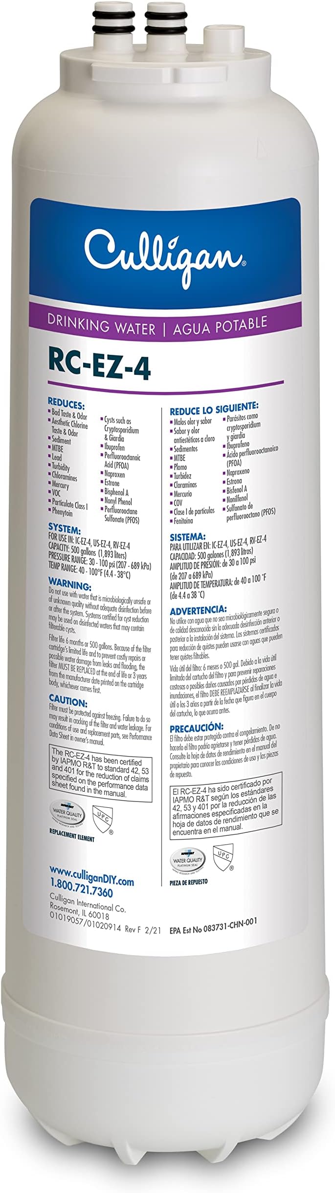 RC-EZ-4 Premium Water Filtration Replacement Cartridge for Under-Sink, Refrigerator, & RV Systems - EZ Change Water Filter System (500 Gallon Life)