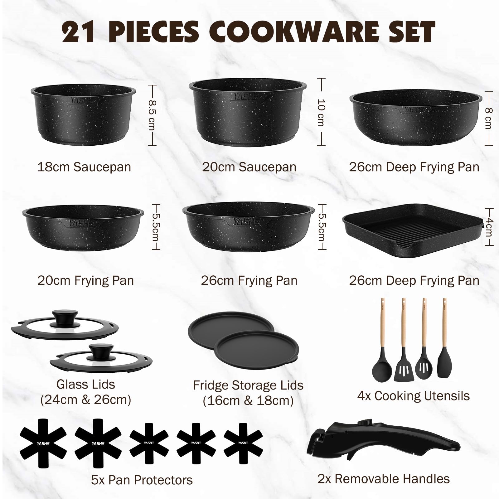 YASHE Batería de Cocina 21 Piezas, Antiadherente, con Mangos Desmontables y Tapas de Vidrio, Compatible con Inducción, Horno y Lavavajillas, Apilable, Gris