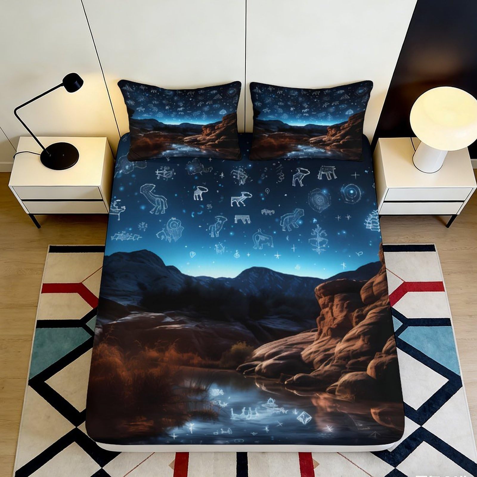 3D Printed Night Mountain Landscape Fitted Sheet Microfiber Soft Artistic River Bed Cover for Bedroom Decor 90x200x25cm