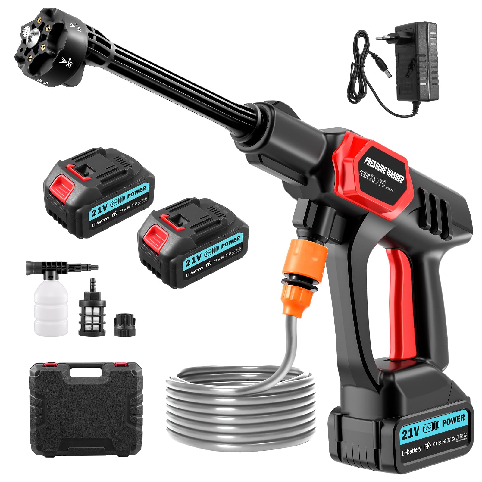 Akku Hochdruckreiniger, Max 80 Bar 1160 PSI Mobiler Hochdruckreiniger Mit 2 x 3000mA Akku, Schaumsprüher, 6-in-1 Multifunktionale Düse und Reichweite bis zu 10 Meter Düse für Auto