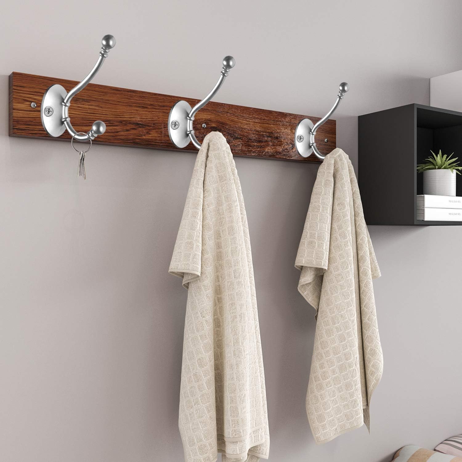 6 Pack Heavy Duty Dual Coat Hooks Wall Mounted with 24 Screws Retro Double Hooks Utility Black Hooks for Coat, Scarf, Bag, Towel, Key, Cap, Cup, Hat (Silvery)