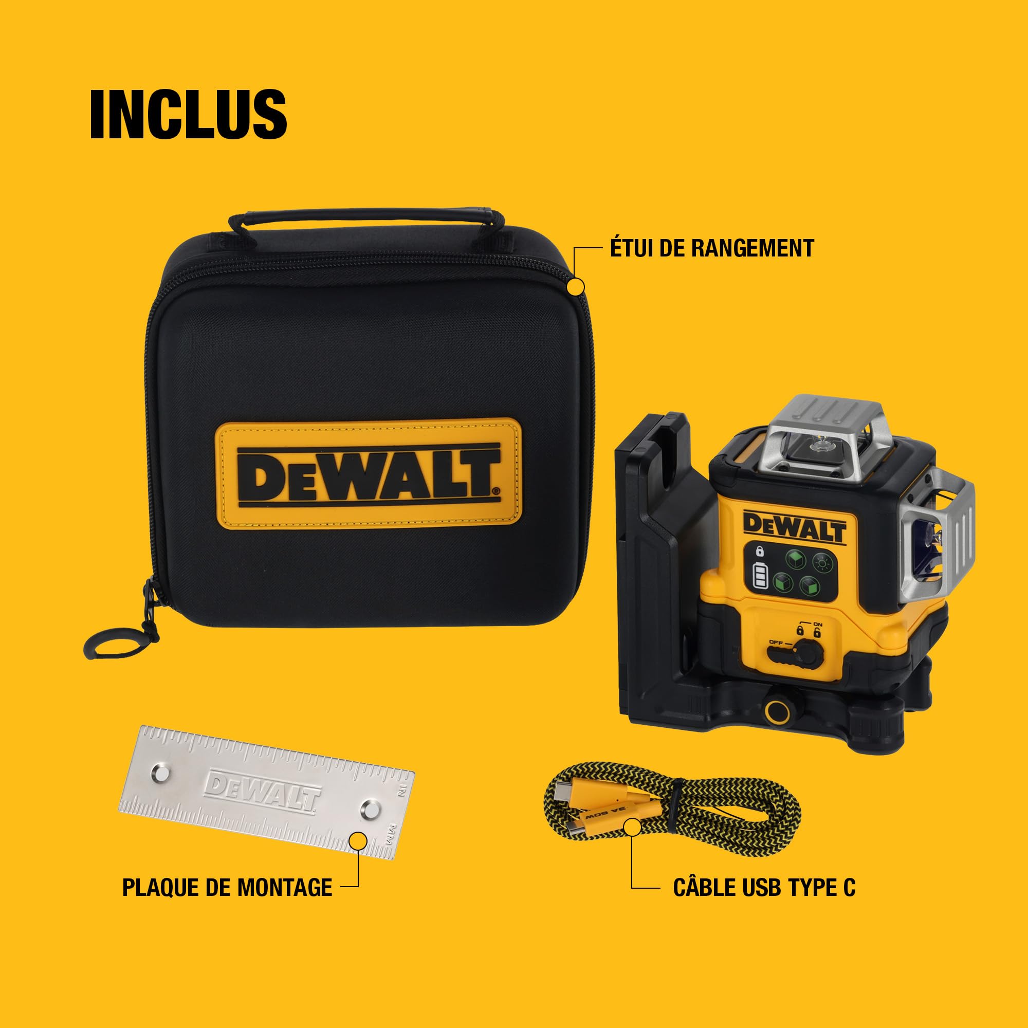 DEWALT, Laser linéaire vert 3x360° rechargeable par USB dans une mallette de rangement, DCLE14361GB-XJ