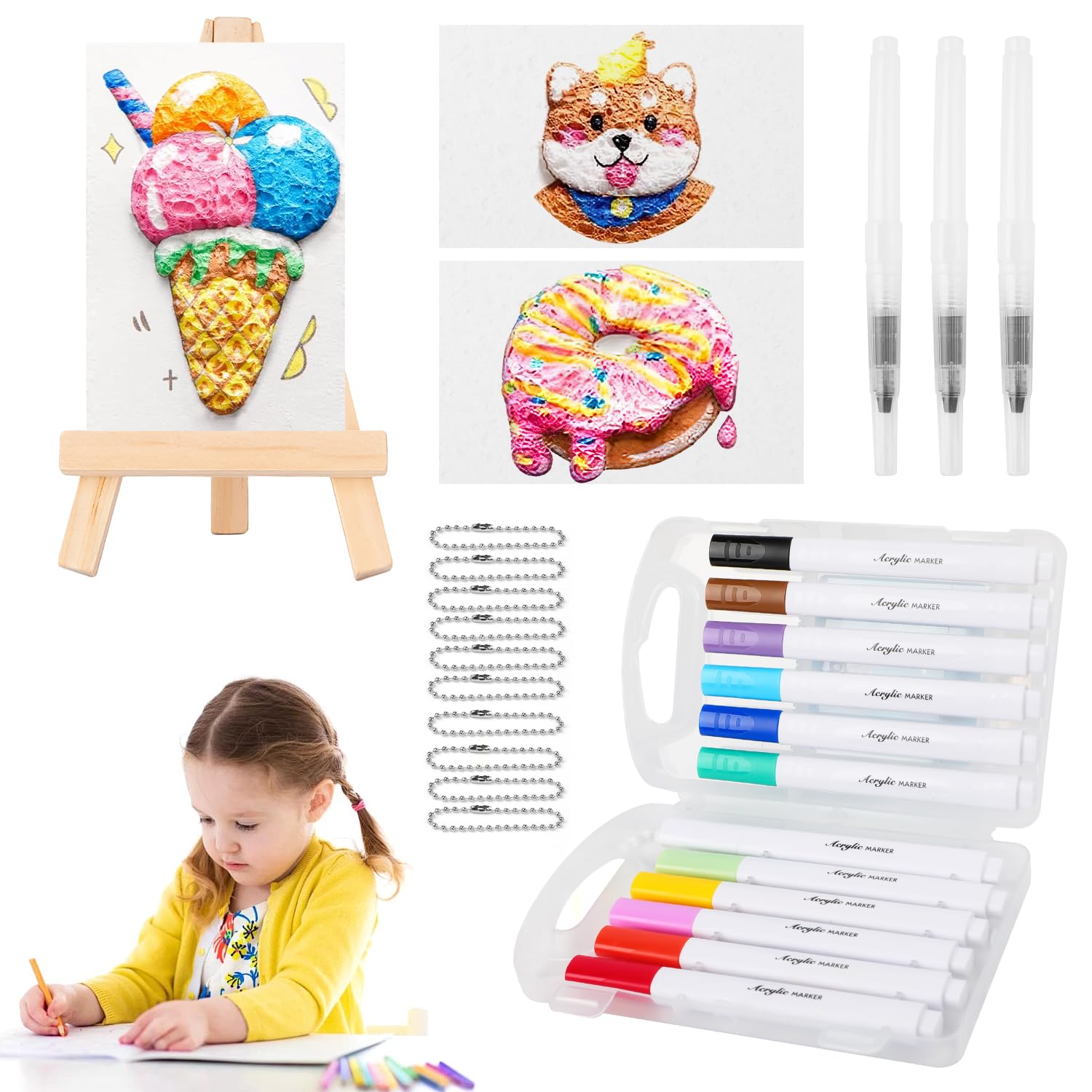 Magic Foam Texture Painting Kit, Magical 3D Effect Texture Painting Kit, Including 10 PCS Foam Texture Paper, 12 Colors Brush Tip Acrylic Paint Markers, Fountain Pen(L,M,S),10 Bead Chains, Mini Easel