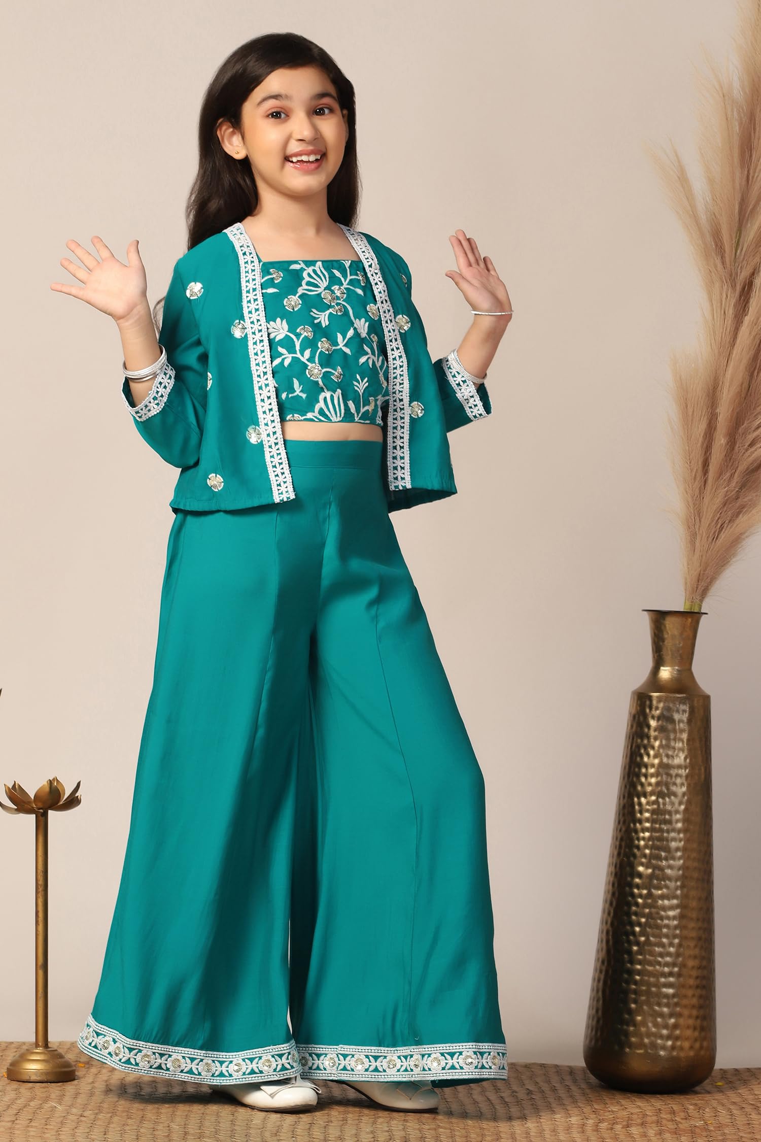 Jwalin Girls Silk Blend Embroidered Salwar Suit Set|Ethnic Set for Girls (JWGSET00235 TEL 36_Teal_11-12 Years) - Image 3 thumbnail